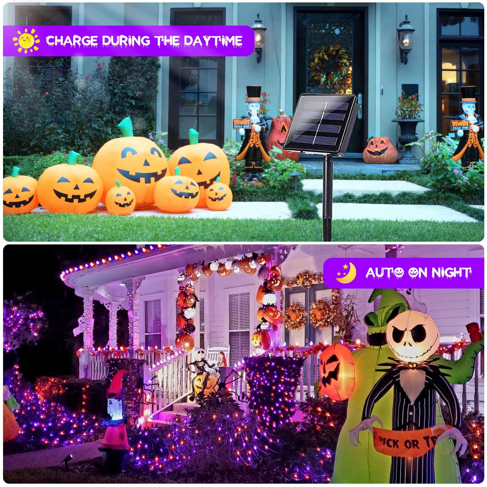 EEW 2 Pack 200 LED Solar String Lights, Waterproof Halloween Decorations, 8 Lighting Modes, Orange and Purple, Model CAIYUAN-100