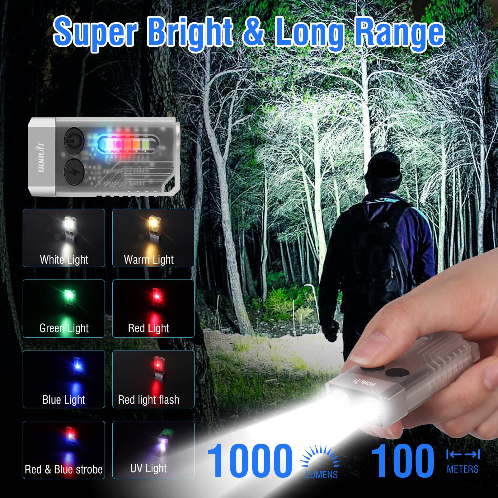 BORUIT V10 LED Flashlight - 1000LM USB C Rechargeable, 365nm UV Black Light, Compact Keychain, White Aluminum