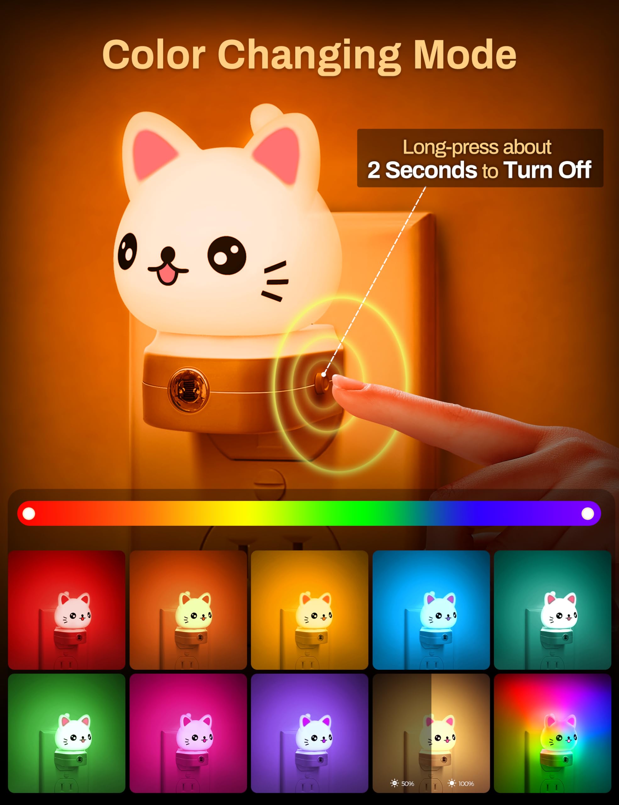 Cat Night Lights Plug Into Wall [2 Pack], Cute Night Light For Kids, 8-Color Rgb Led Night Light, Nightlight With Dusk To Dawn S