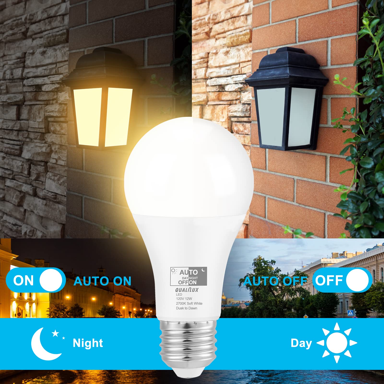 Qualilux Dusk To Dawn Light Bulbs 1000 Lumen, Soft White, Led 12W, A19 E26, 2-Pack, Hq-H021