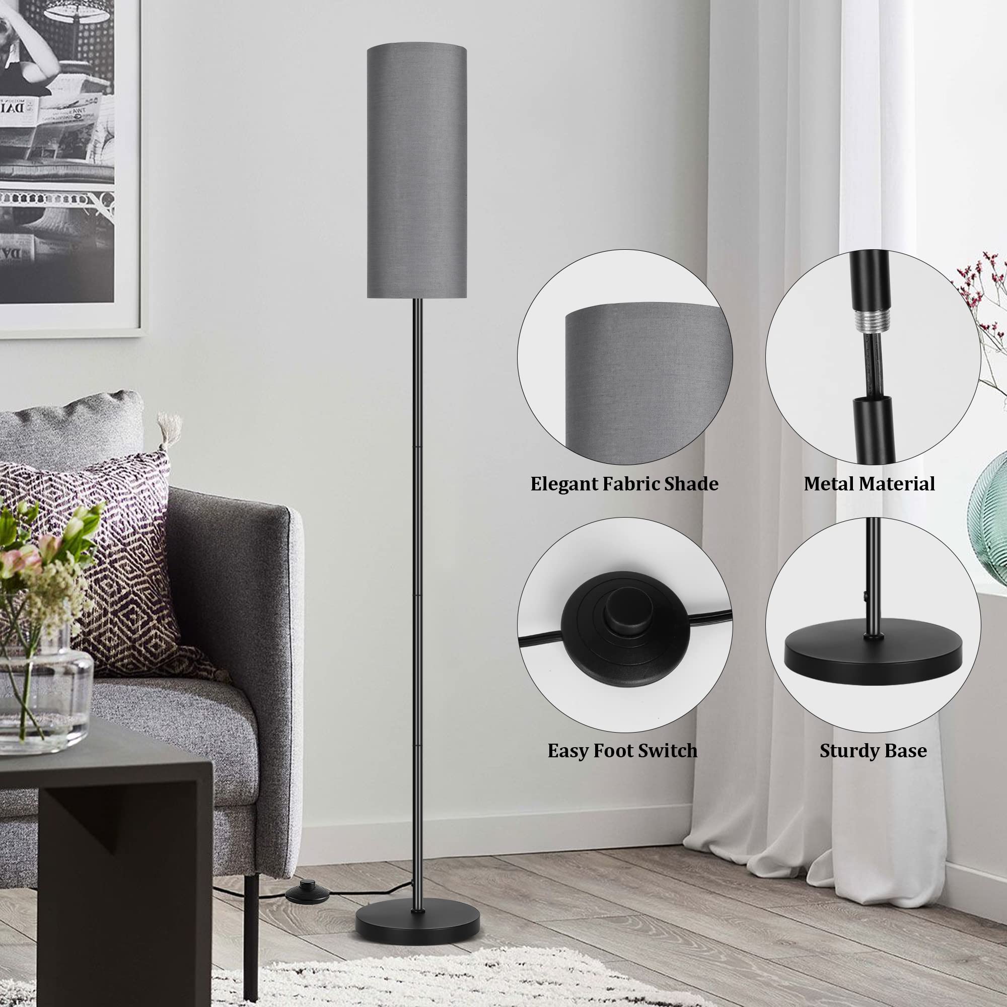PARTPHONER Floor Lamp, Modern Gray Metal Standing Lamp with Foot Switch, Model ZYTFL, Ideal for Living Room, Bedroom, Office