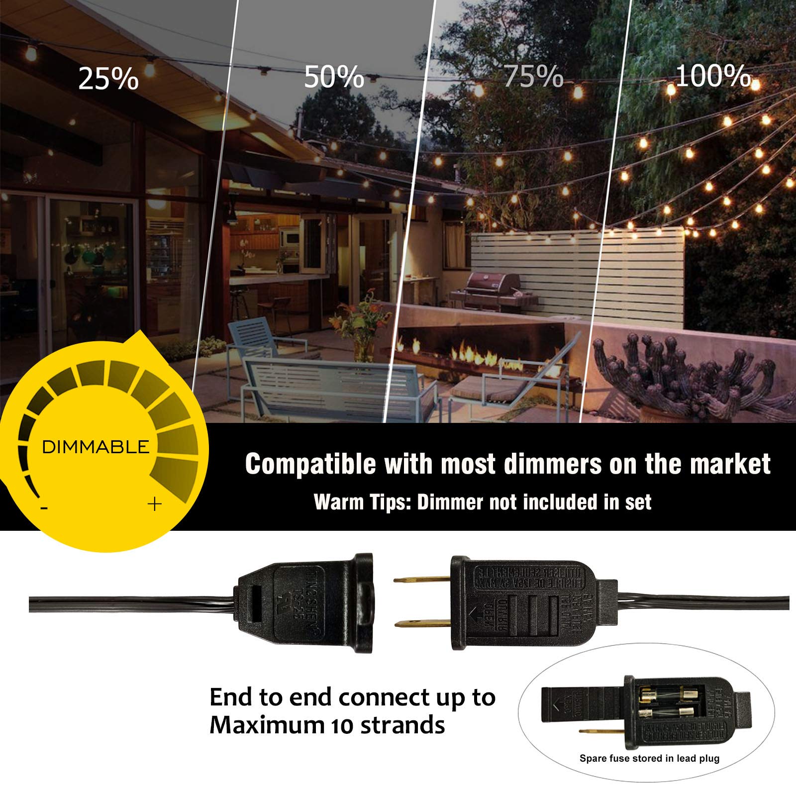 Damaing 100Ft Globe String Lights - 52 Dimmable G40 Led Bulbs, Waterproof, Black, Warm Glow