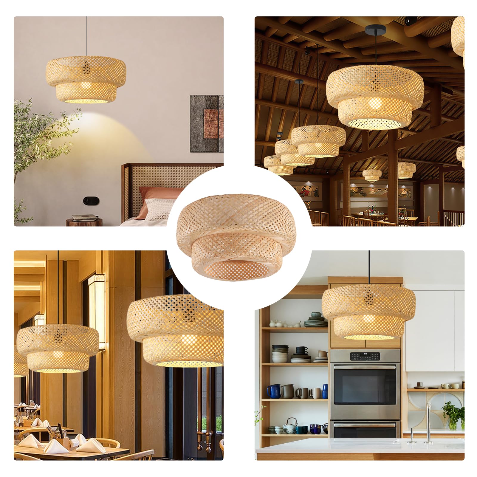 Teru Ji Kaikang 17.7'' Bamboo Lamp Shade,Hand-Woven Bamboo Rattan Hanging Lamp Shade,For Dining Living Bedroom Kitchen Farmhouse