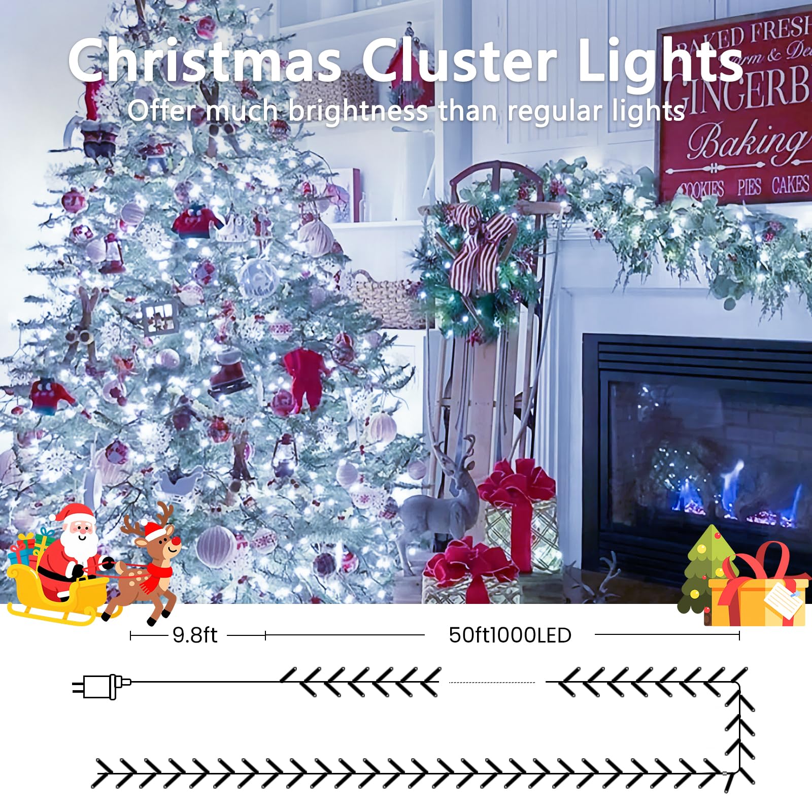 50Ft 1000 Led Cluster Christmas Lights  Christmas Tree Lights Outdoor Indoor With 8 Modes & Timer & Remote  Fire ers String Lights Waterproof For Garland Party Xmas Decorations  Cool White