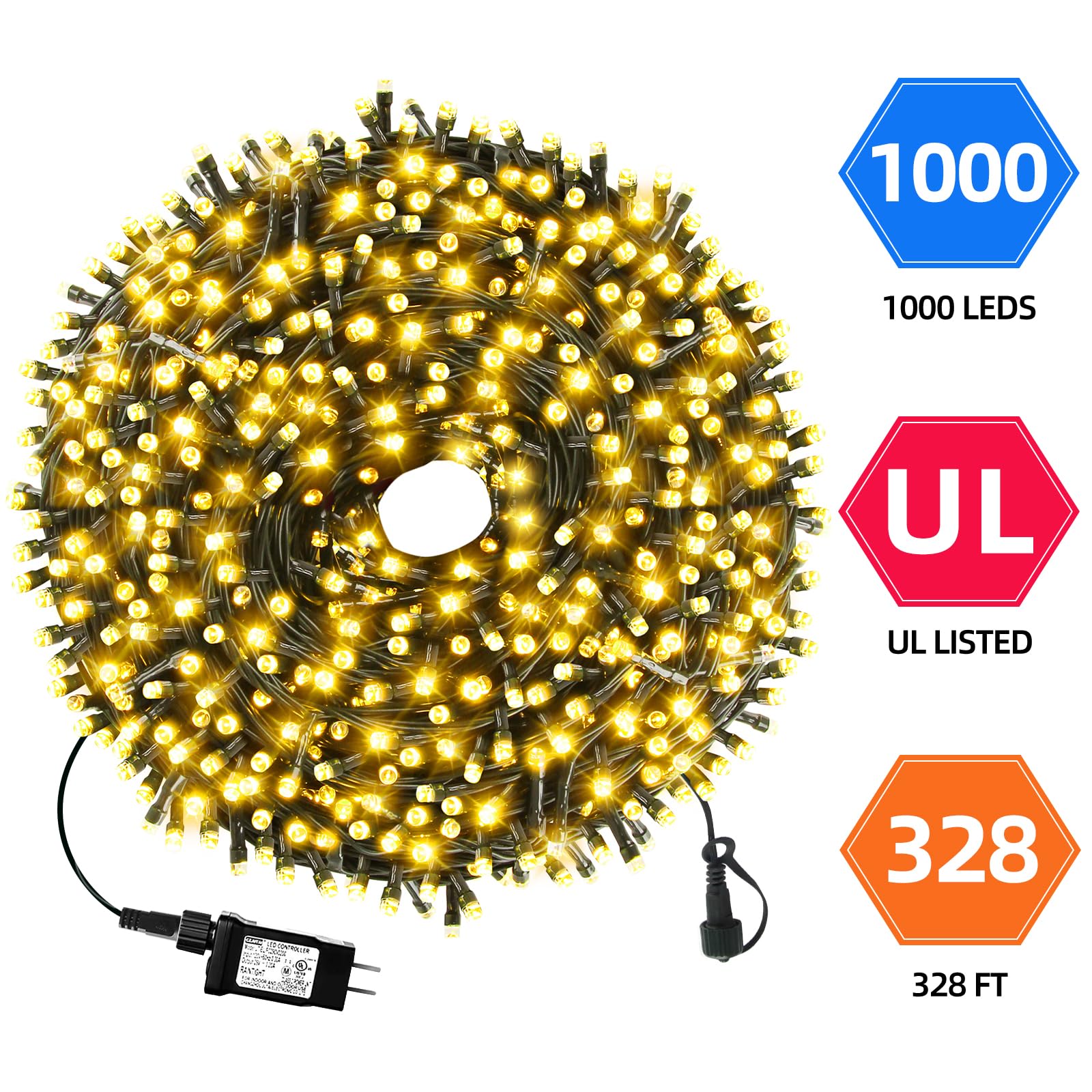 Mzd8391 328Ft 1000Leds Christmas Lights Outdoor Indoor 8 Modes For Christmas Tree Party Decoration, 100% Ul Listed (Warm White)