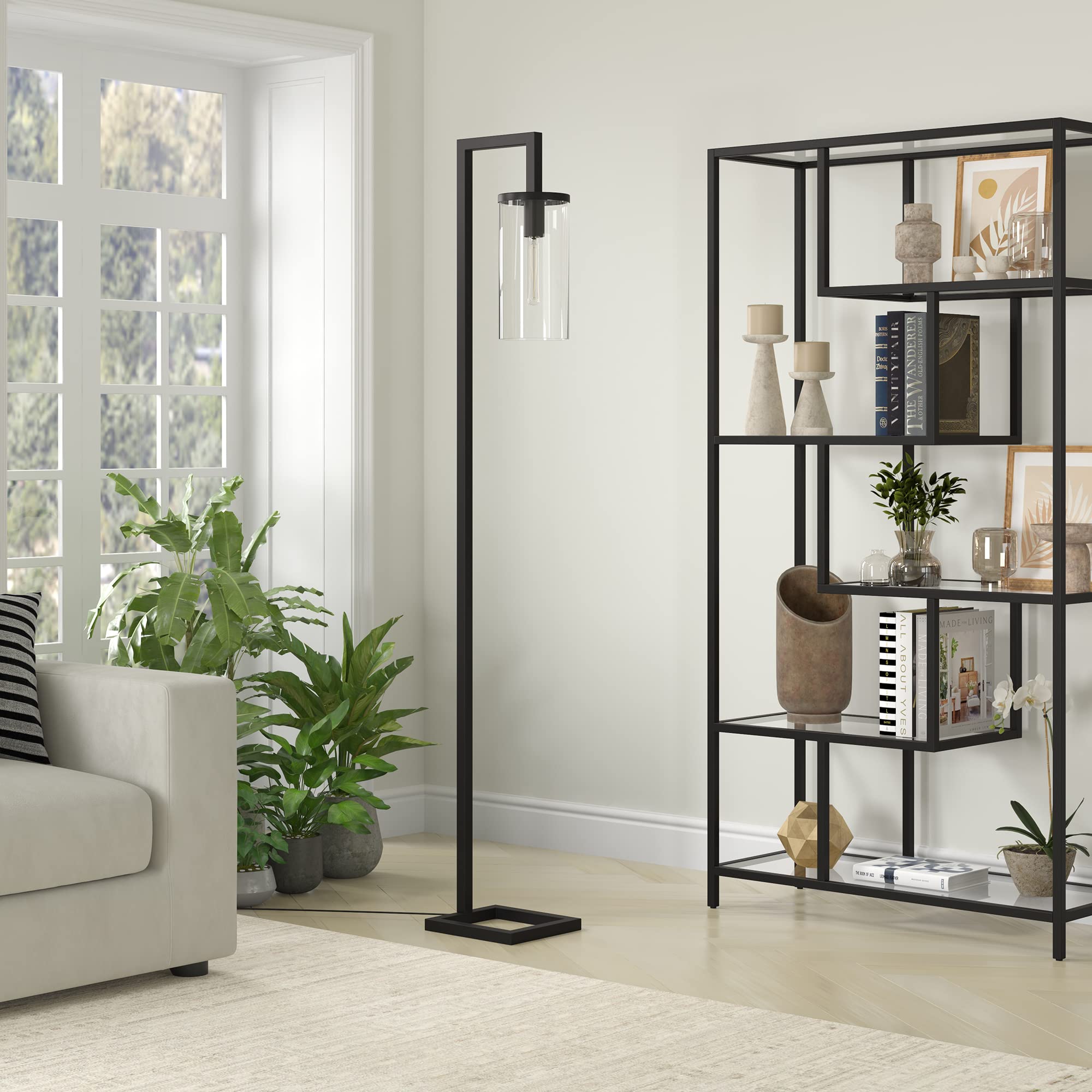 Henn&Hart 67.75'' Tall Floor Lamp With Glass Shade In Blackened Bronze/Clear, Floor Lamp For Home Office, Bedroom, Living Room