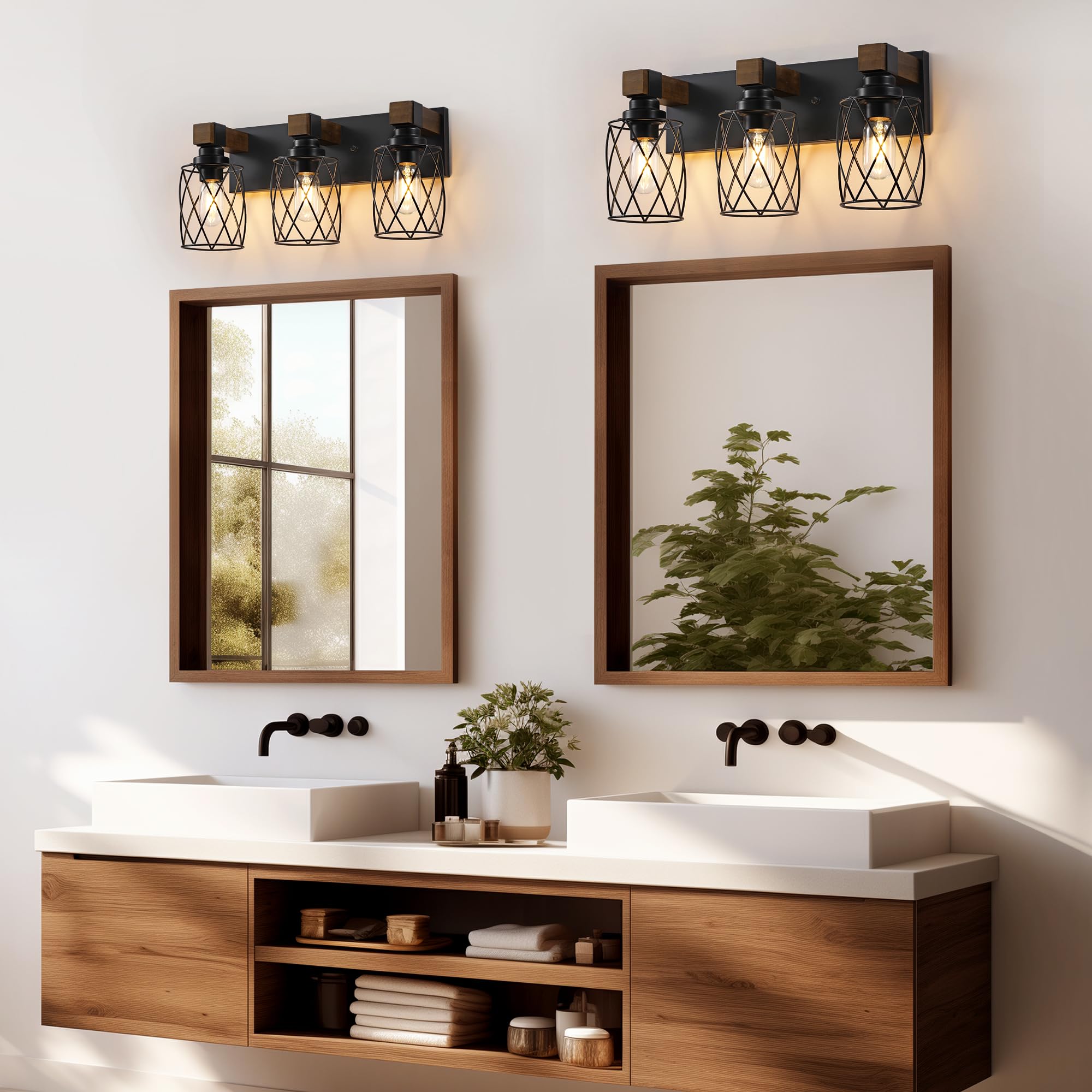 Xvmbvm Farmhouse Bathroom Vanity Light  3-Light Wood Bathroom Light Fixtures Over Mirror  Black Industrial Vanity Lights With Metal Shade  Rustic Bathrooms Lighting For Living Room  Bedroom  Hallway