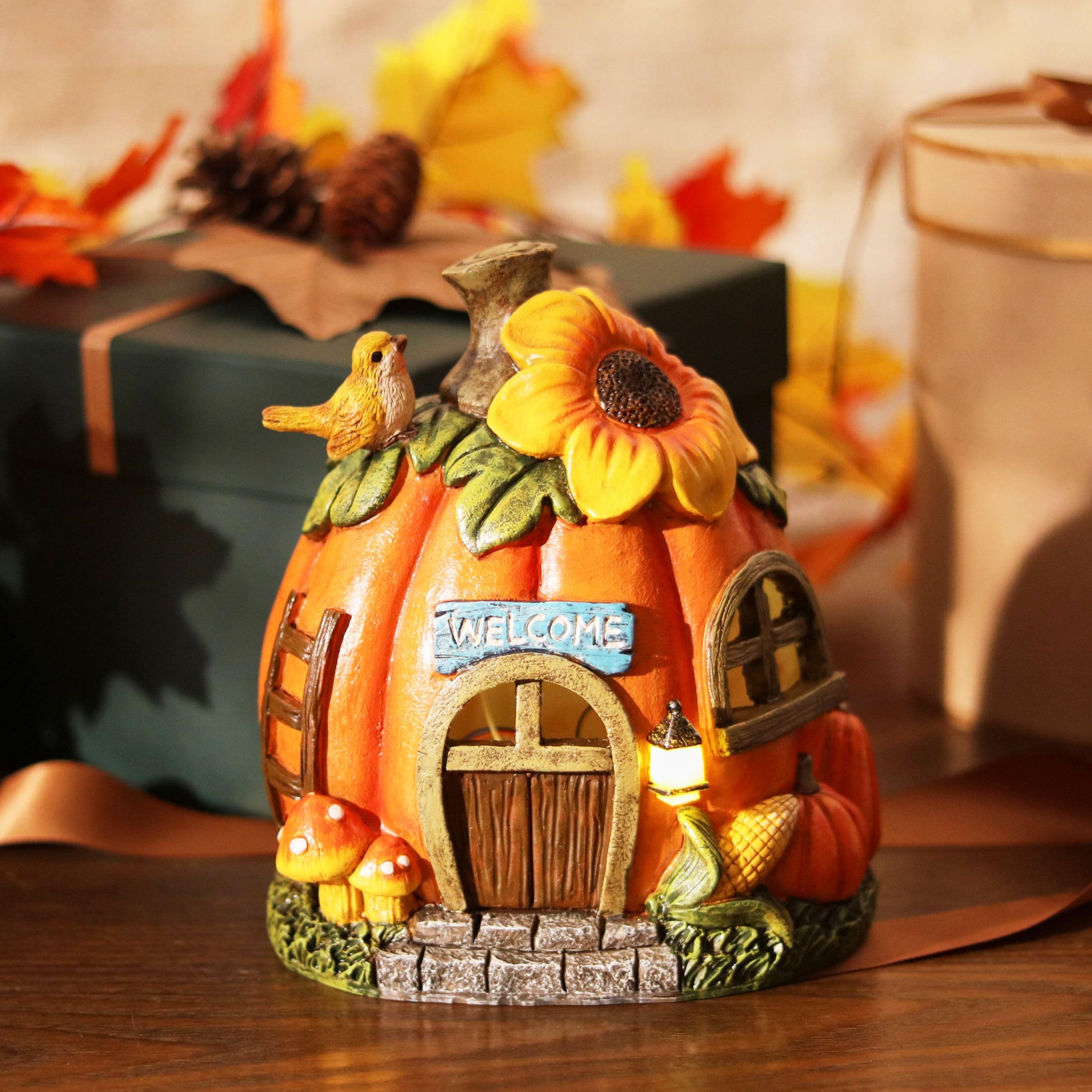 TERESAS COLLECTIONS Pumpkin Fairy House with Solar Lights, 7.6in Waterproof Resin Fall Decor, Orange