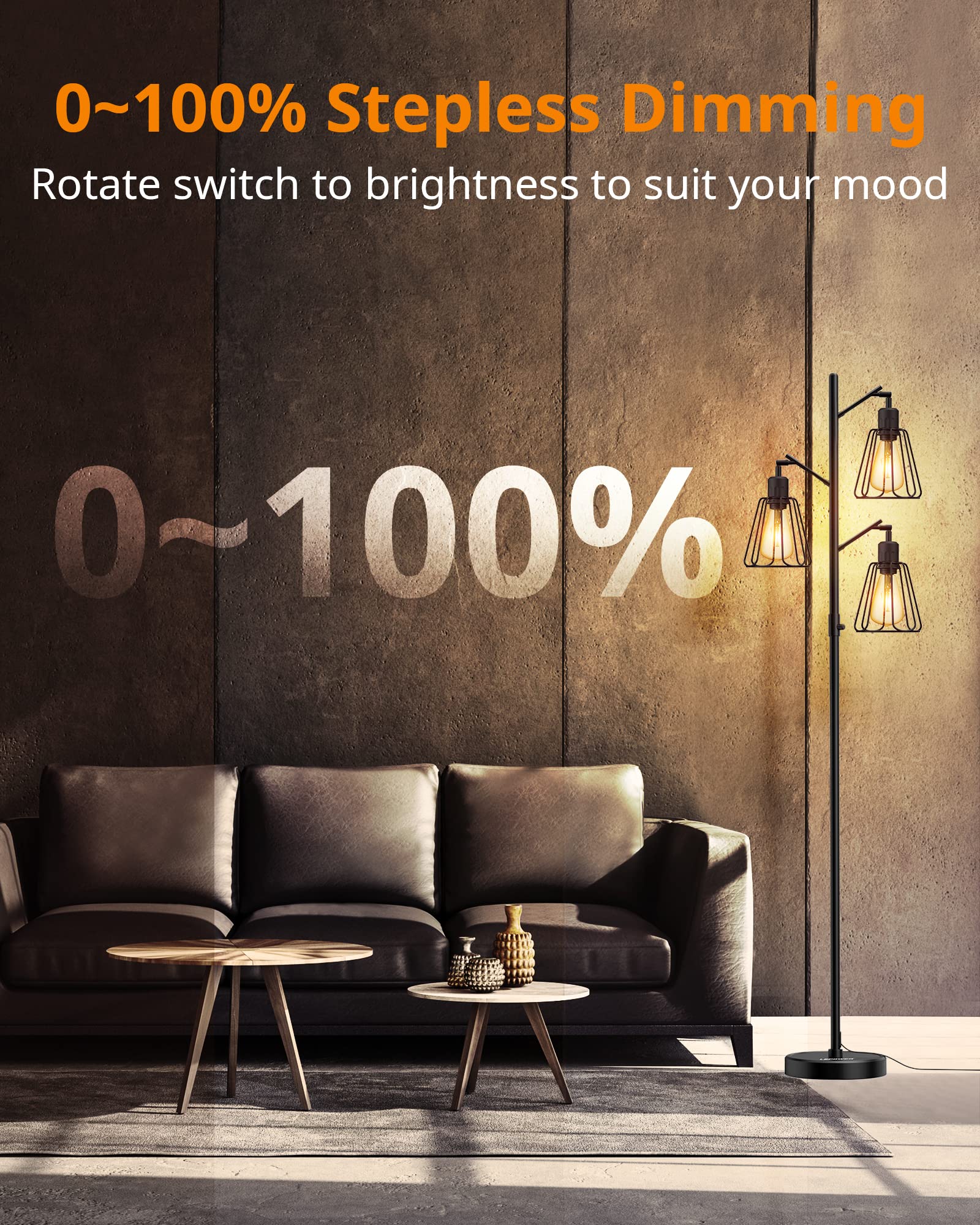 LEPOWER Industrial Floor Lamp, Dimmable 3 x 800LM LED, Black Metal, Model LP-US-IDFL-AS-03