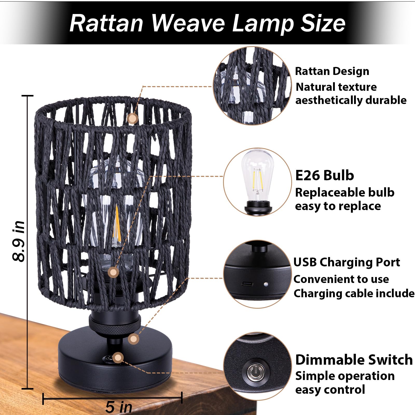 All Fortune Cordless Outdoor Table Lamps, Rechargeable Rattan Boho, Dimmable Battery Operated For Patio, Home, Living Room, Bedr