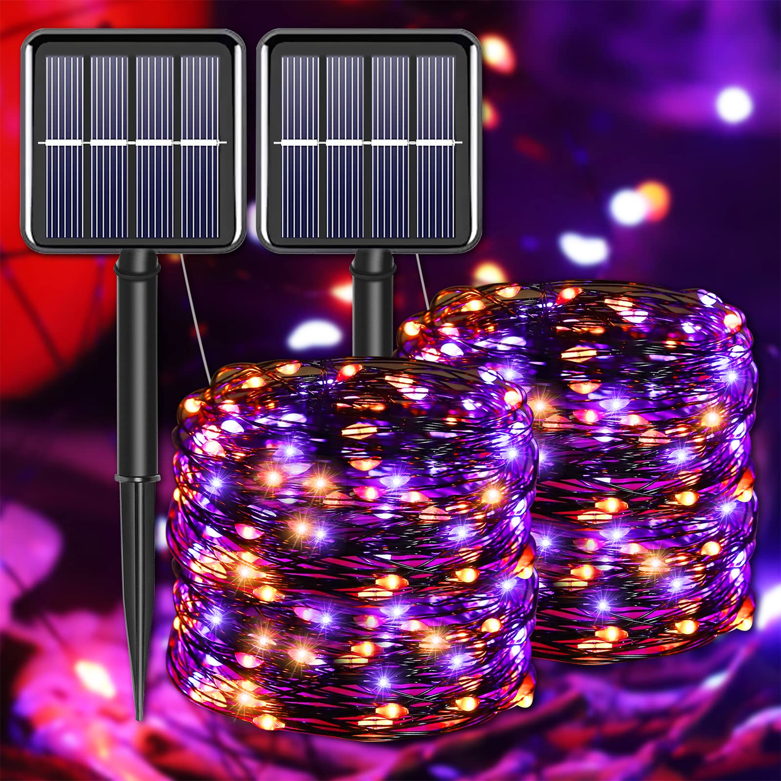 YAOZHOU Solar Powered Halloween String Lights, 100 LED, 33FT, IP67 Waterproof, Orange/Purple, 2 Pack, Black Copper Fairy Lights