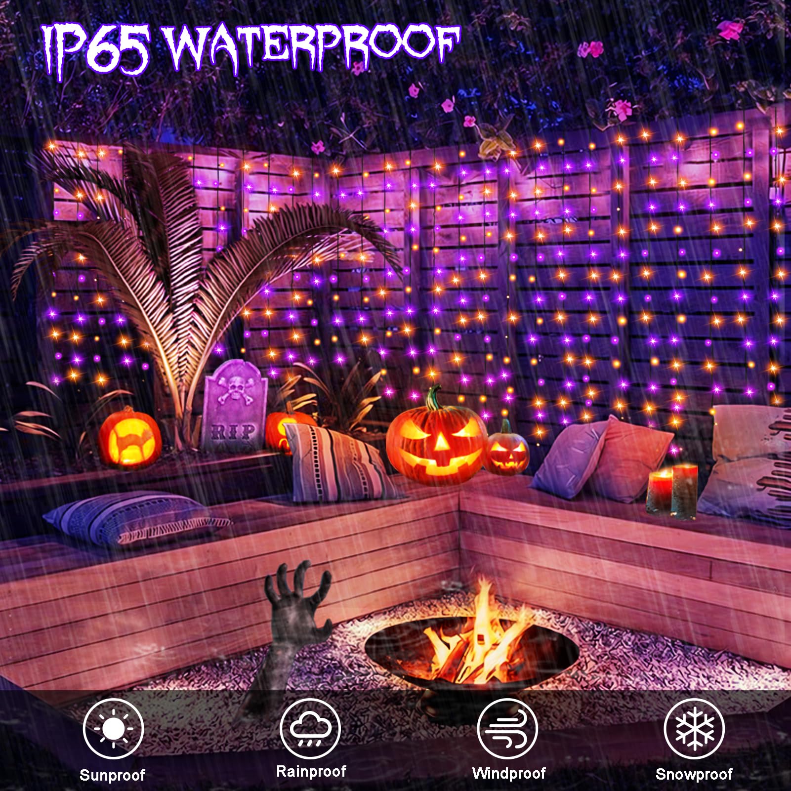 Dealbeta 300 Led Purple Orange Curtain Lights With Remote - Battery Operated, 8 Modes, 9.8Ft×9.