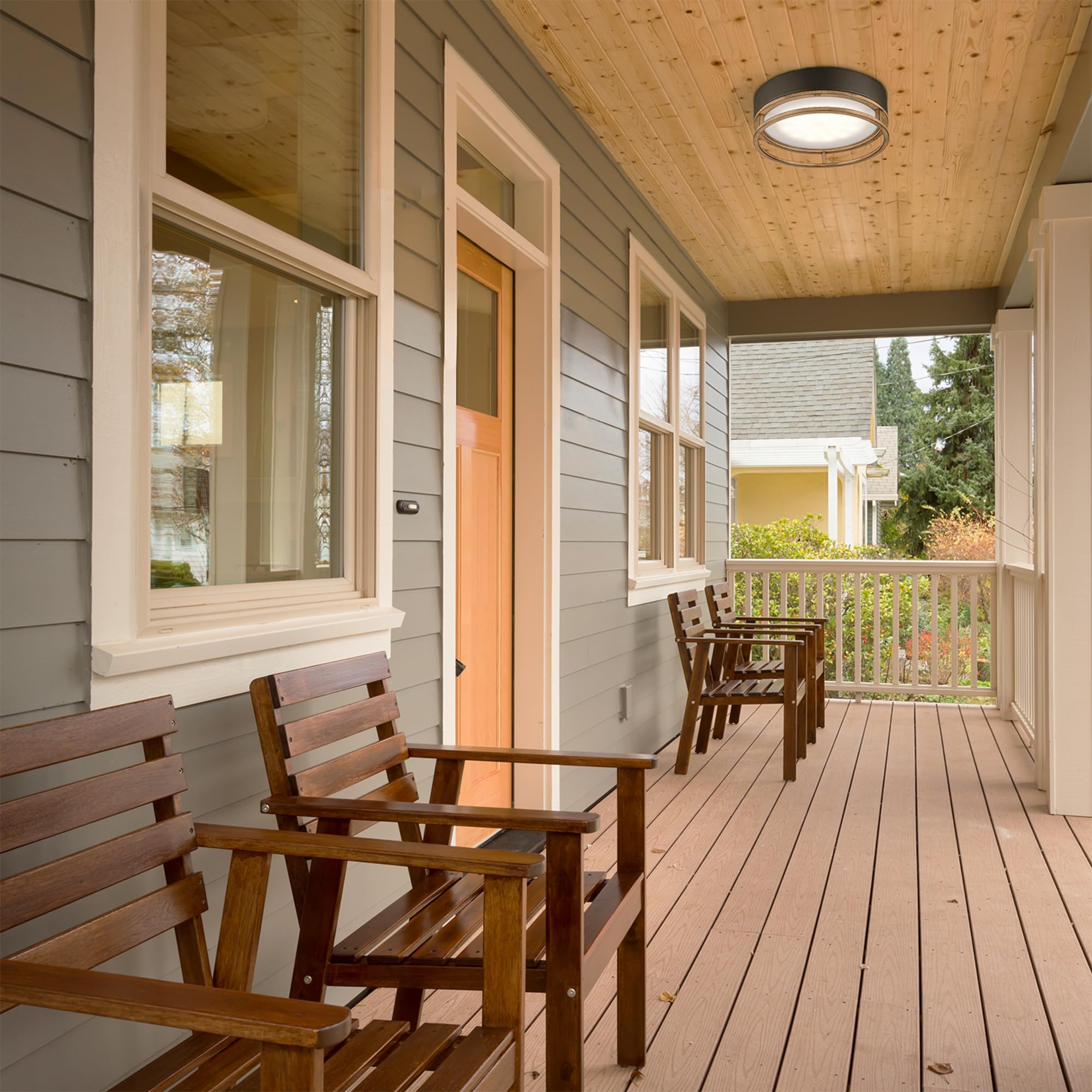 Globe Electric Ray 18.5W LED Flush Mount Ceiling Light, Matte Black, Faux Wood Accent, 800 Lumens, Model 44663