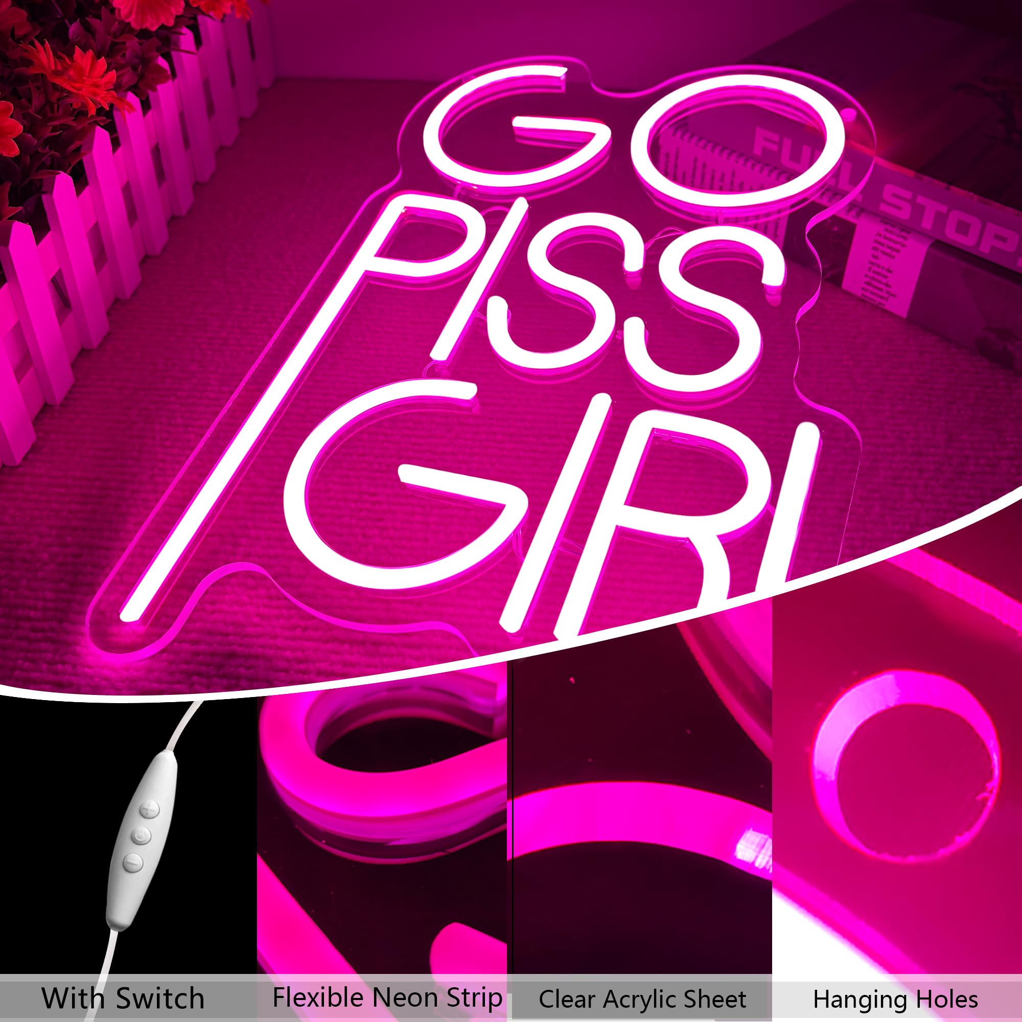 manimo GO PISS GIRL Neon Sign - Funny Dimmable LED Light, 14.5x10.6in, Pink Aesthetic Wall Decor for Dorm, Bathroom, USB Powered