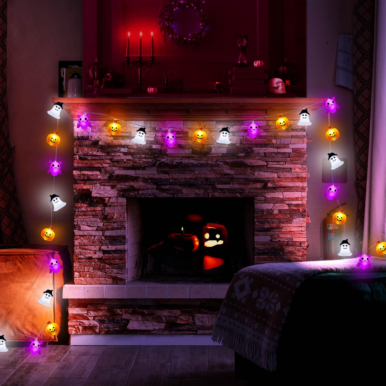 Halloween Lights Decorations, 16.4 Ft 30 Led Pumpkin Bat Ghost Spooky Battery Operated Cute Orange And Purple String Lights Cozy