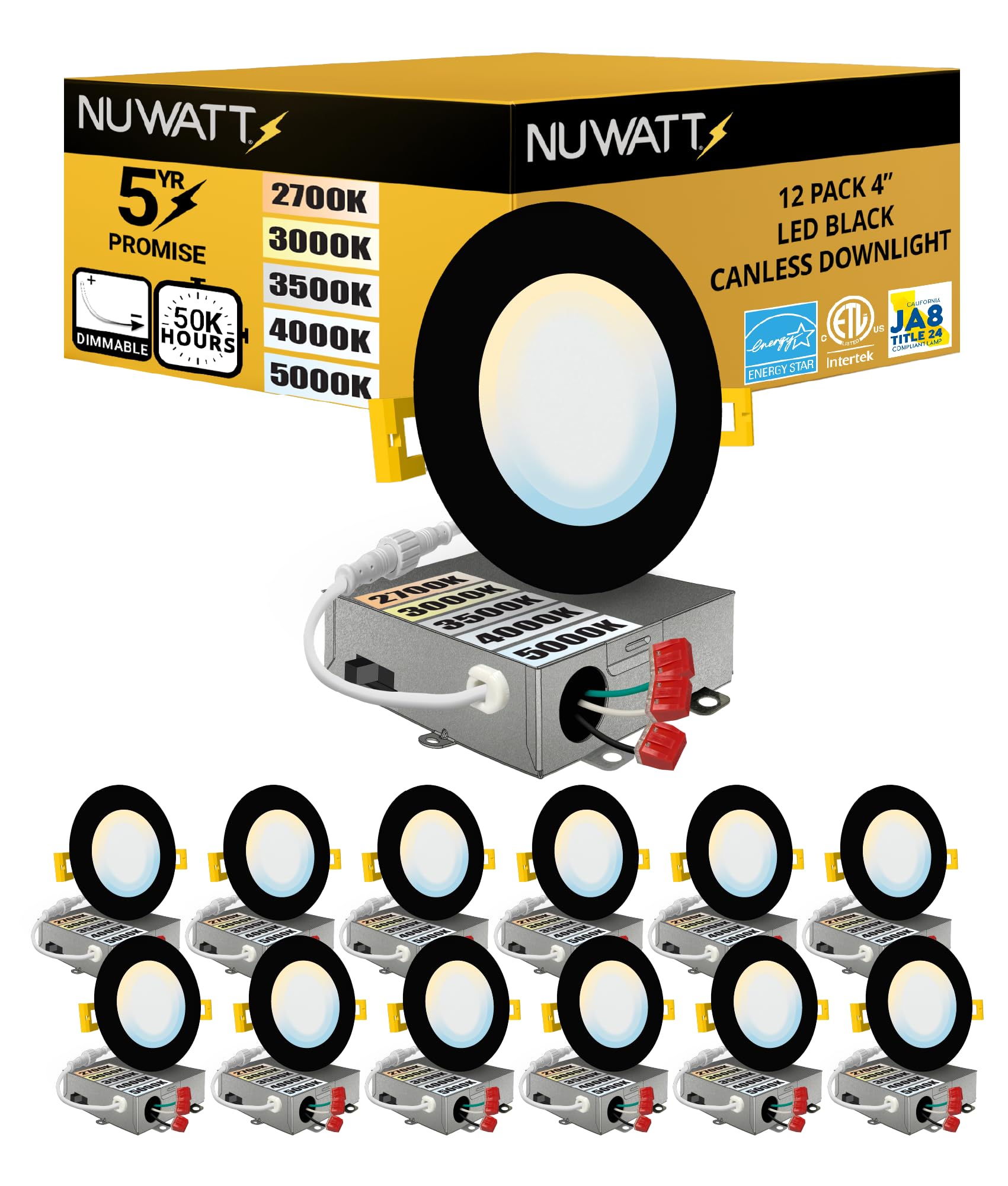 NUWATT 12 Pack, 4 Inch Recessed Lighting LED, Selectable CCT 2700K/3000K/3500K/4000K/5000K, 630LM, 9W, IC Rated, Dimmable, Canle