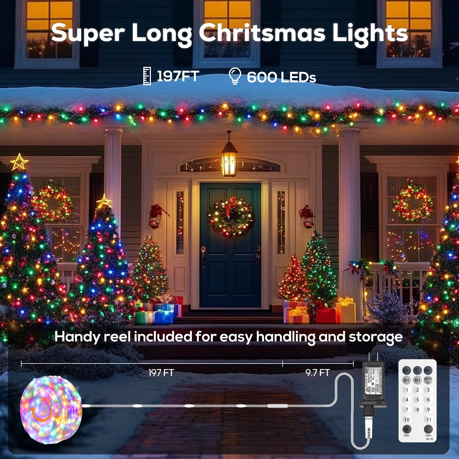 Outdoor Christmas Lights, 600Led 206Ft Waterproof Plug In Twinkle Fairy Lights, 8 Modes Led, Timing & Memory Functions, For Back