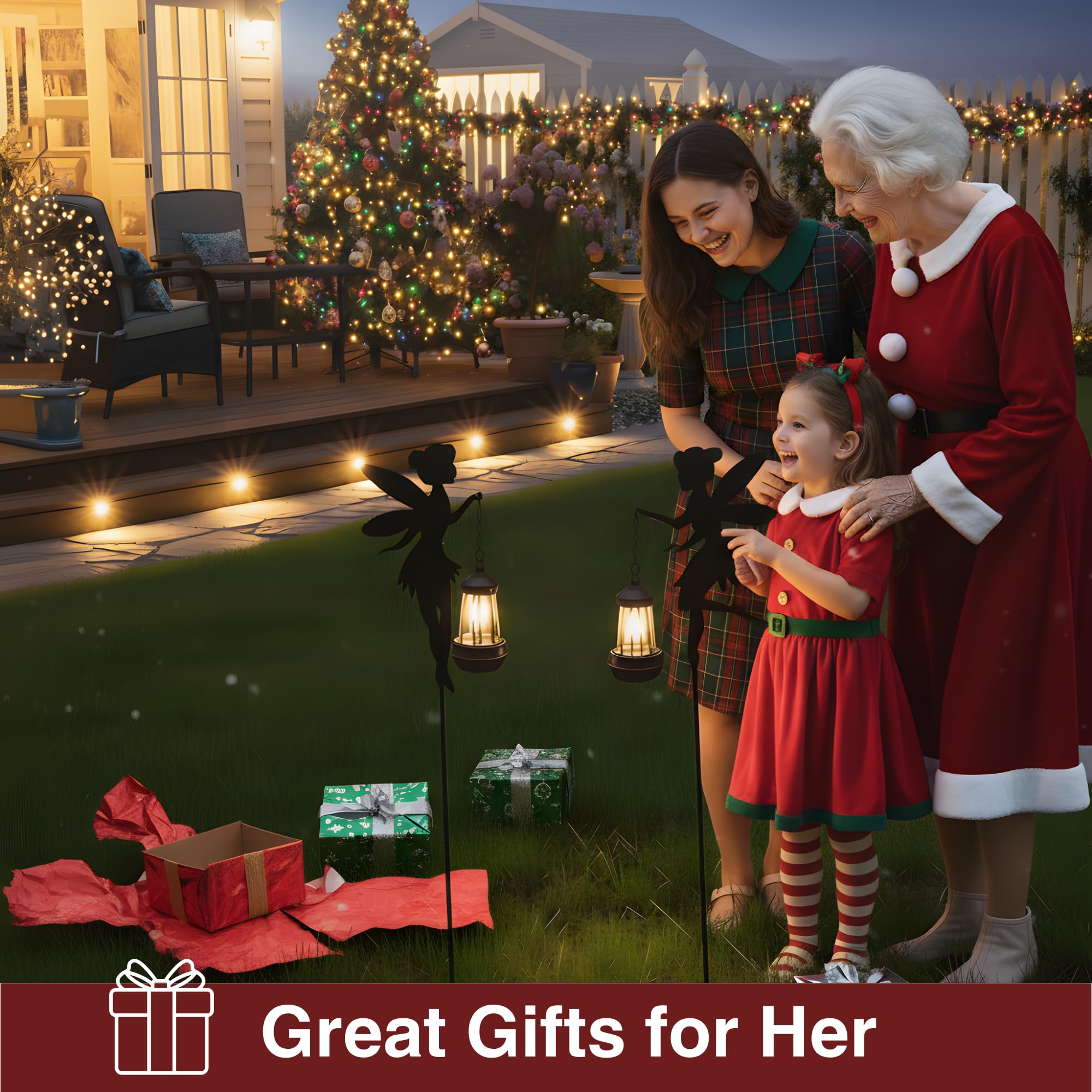 Fairy Garden Accessories Lawn Ornaments 1 Pair - Christmas Solar Fairy Lights Outdoor Decorations  Metal Garden Stakes Decorative Figurines For Yard Decor  Patio (Type B Warm Lighting)