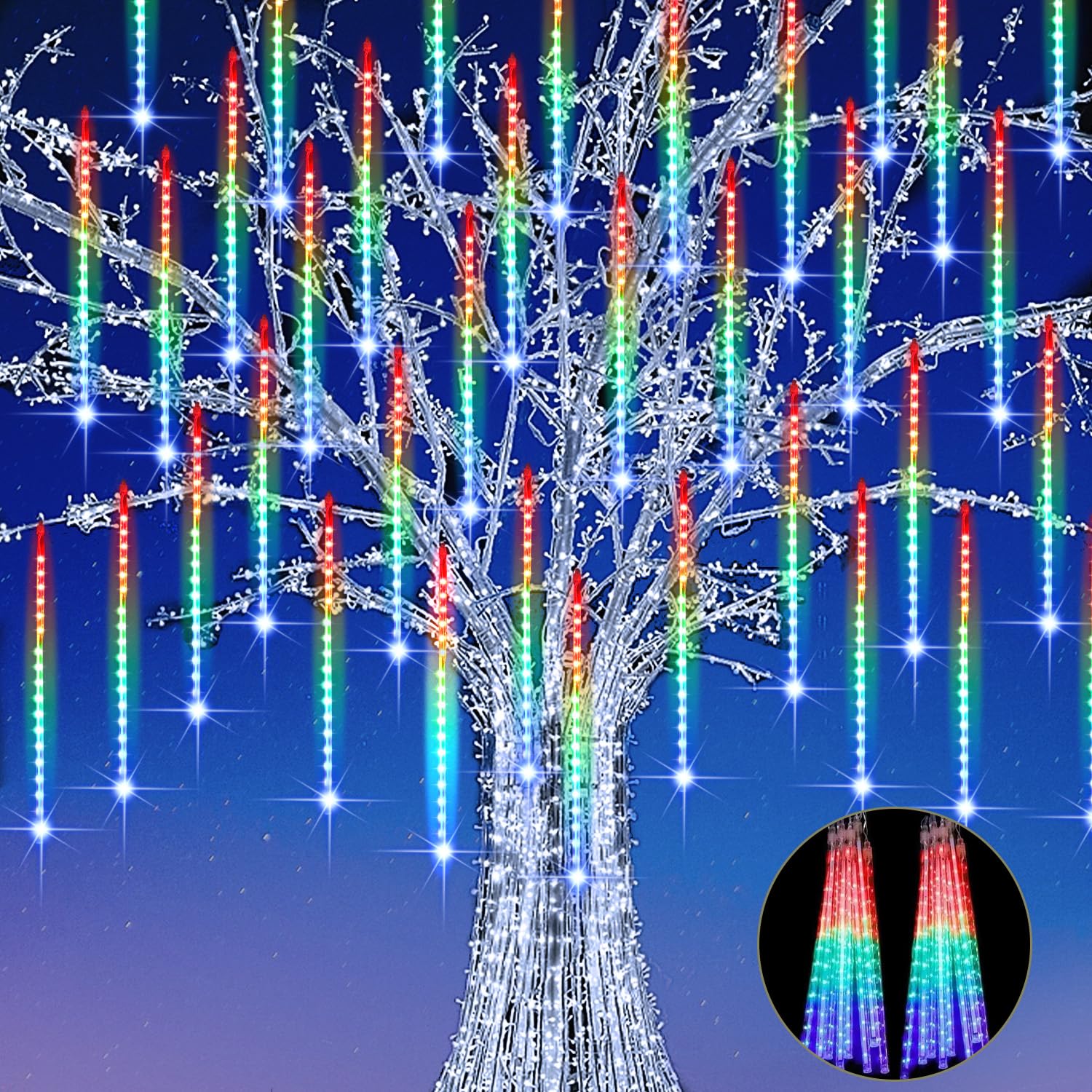 JJGoo ?2 Pack? Christmas Lights Meteor Shower Rain Lights 12inch, Totally 20 Tube 480 LEDs Icicle Lights Outdoor Raindrop Lights for Xmas Halloween Wedding Party Tree Holiday Decoration, Colorful