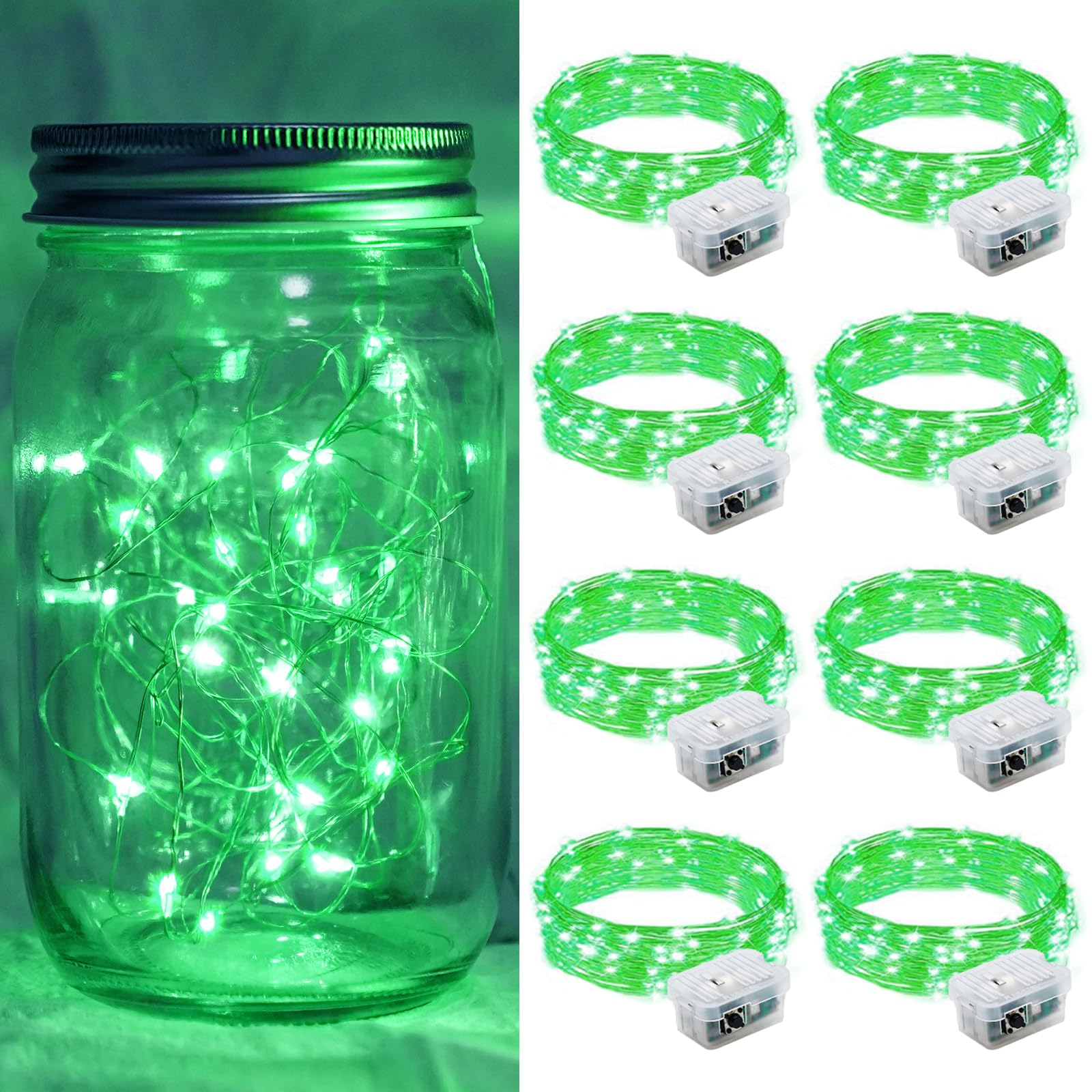 chzk LED Fairy Lights, 20 Mini String Lights, 7Ft Waterproof, Battery Operated, Green, Model A01-Mini, 8 Pack