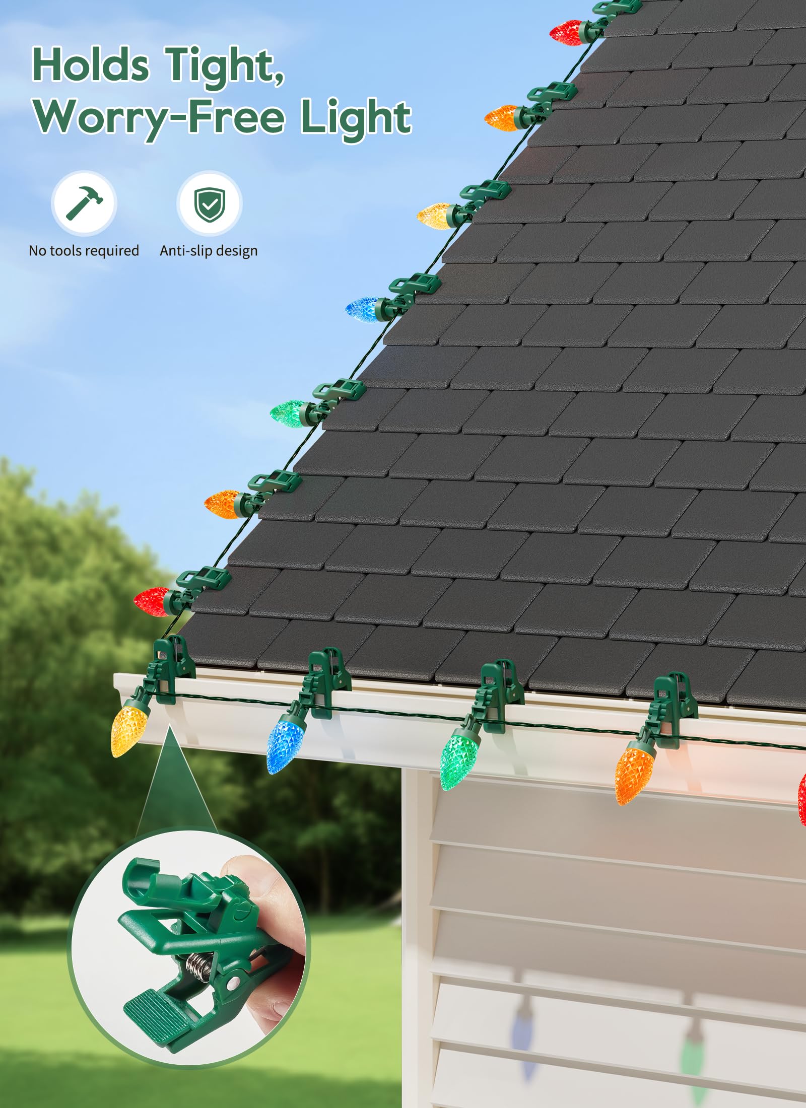 Brightown C9 LED Christmas Lights, 150 Multicolor Waterproof String Lights, 99 Feet, Model GY-C9-X-33-3B, Includes 150 Clips