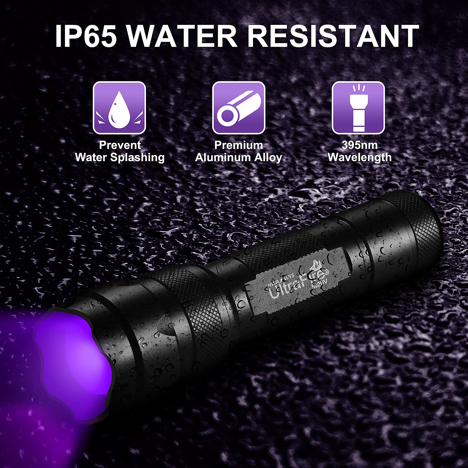 ULTRAFIRE UV Flashlight 395-405 nm LED Blacklight, Medium Size, Aluminum, Black, Model LE788000140