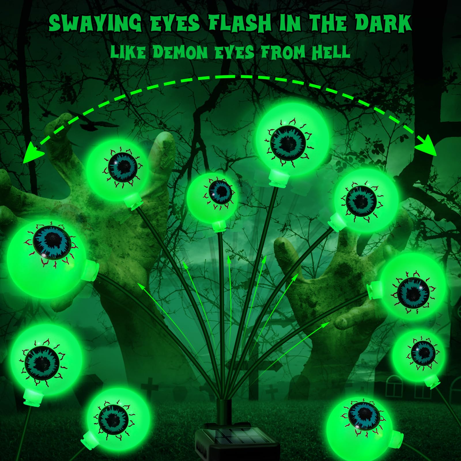ZFNN Solar Eyeball Lights, 4 Pack 24 LED, Waterproof Outdoor Green Firefly Lights for Halloween Garden Patio Pathway