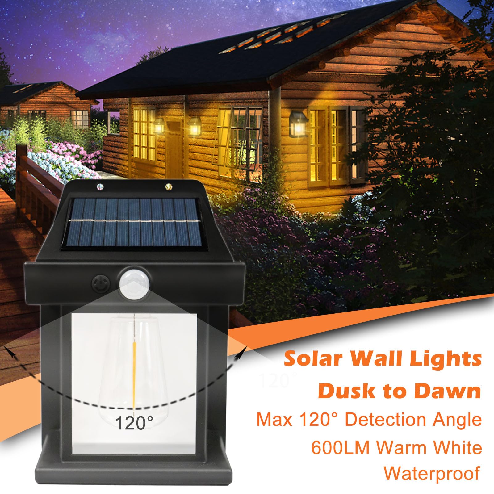 Mutois Solar Wall Lights Outdoor, 3 Modes & Motion Sensor, Waterproof Black Lantern, 2 Pack