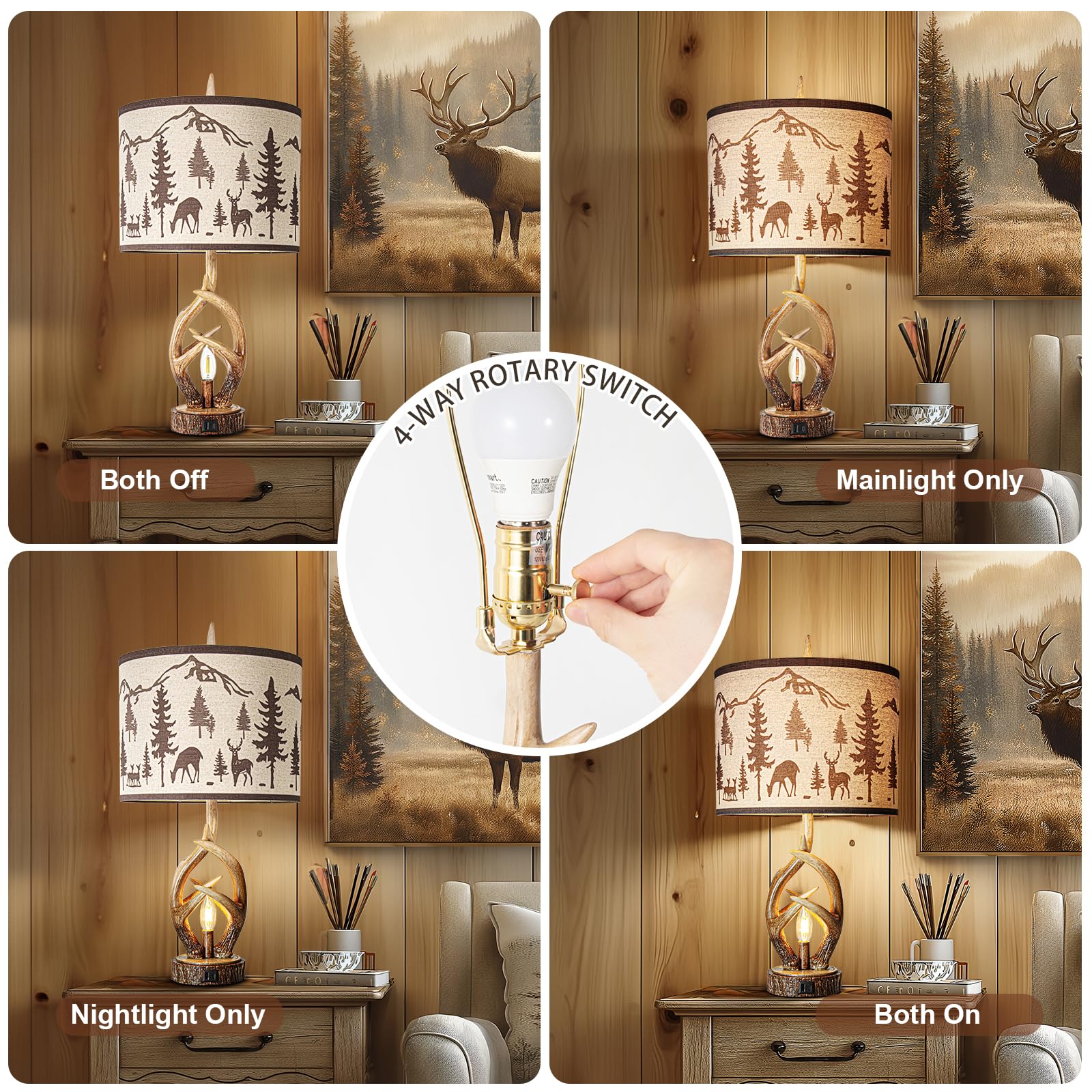 Scenekoy Antlers Style Table Lamp Set Of 2 Rustic Bedside Lamp With Night Light Linen Fabric Shade Farmhouse Nightstand Lamps Decor For Living Room Bedroom House Home Office (Bulb Included)