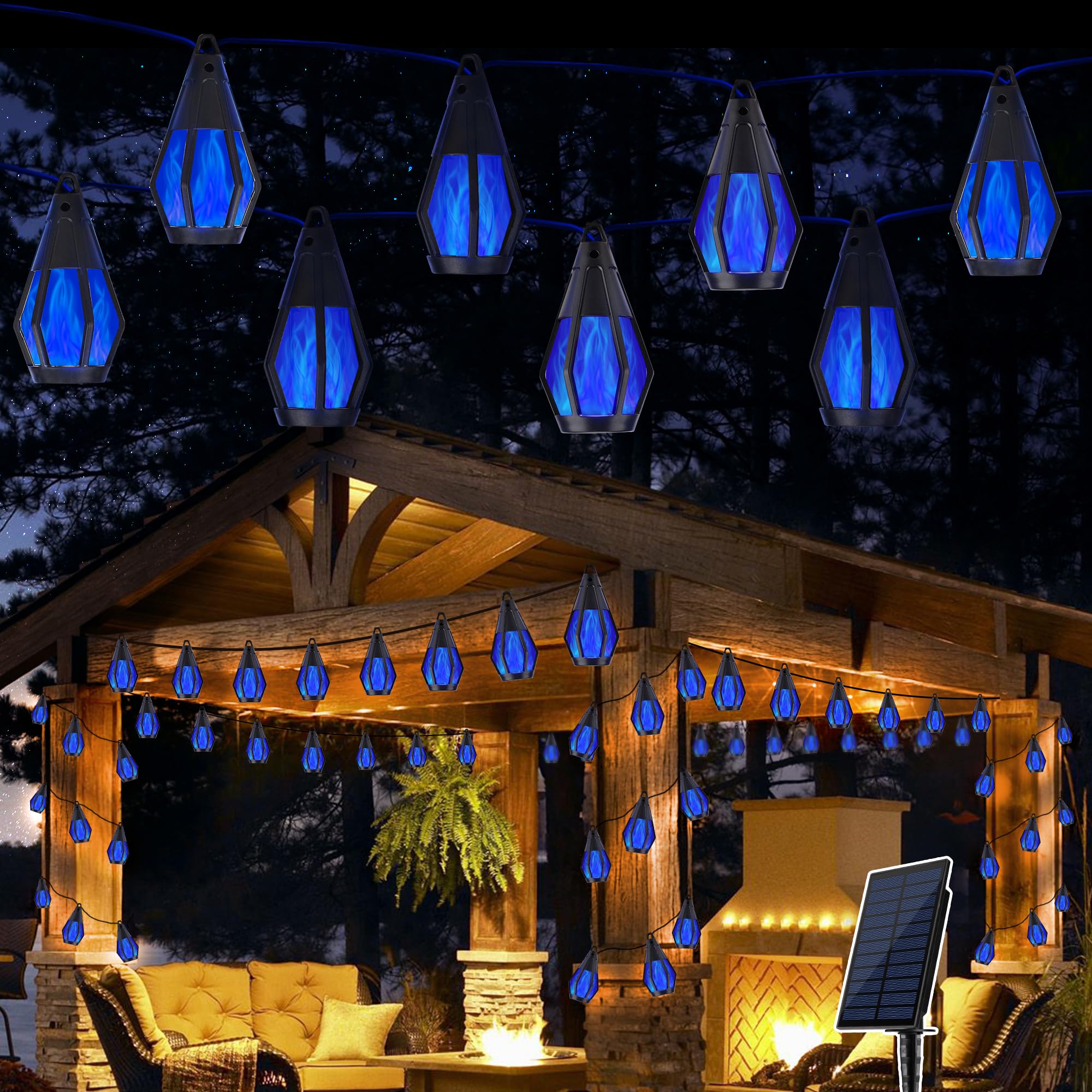 Solar String Lights for Outside, 21Ft Solar Patio Lights with 10 Flickering Flame Light Bulbs, Waterproof Blue Solar Powered Out