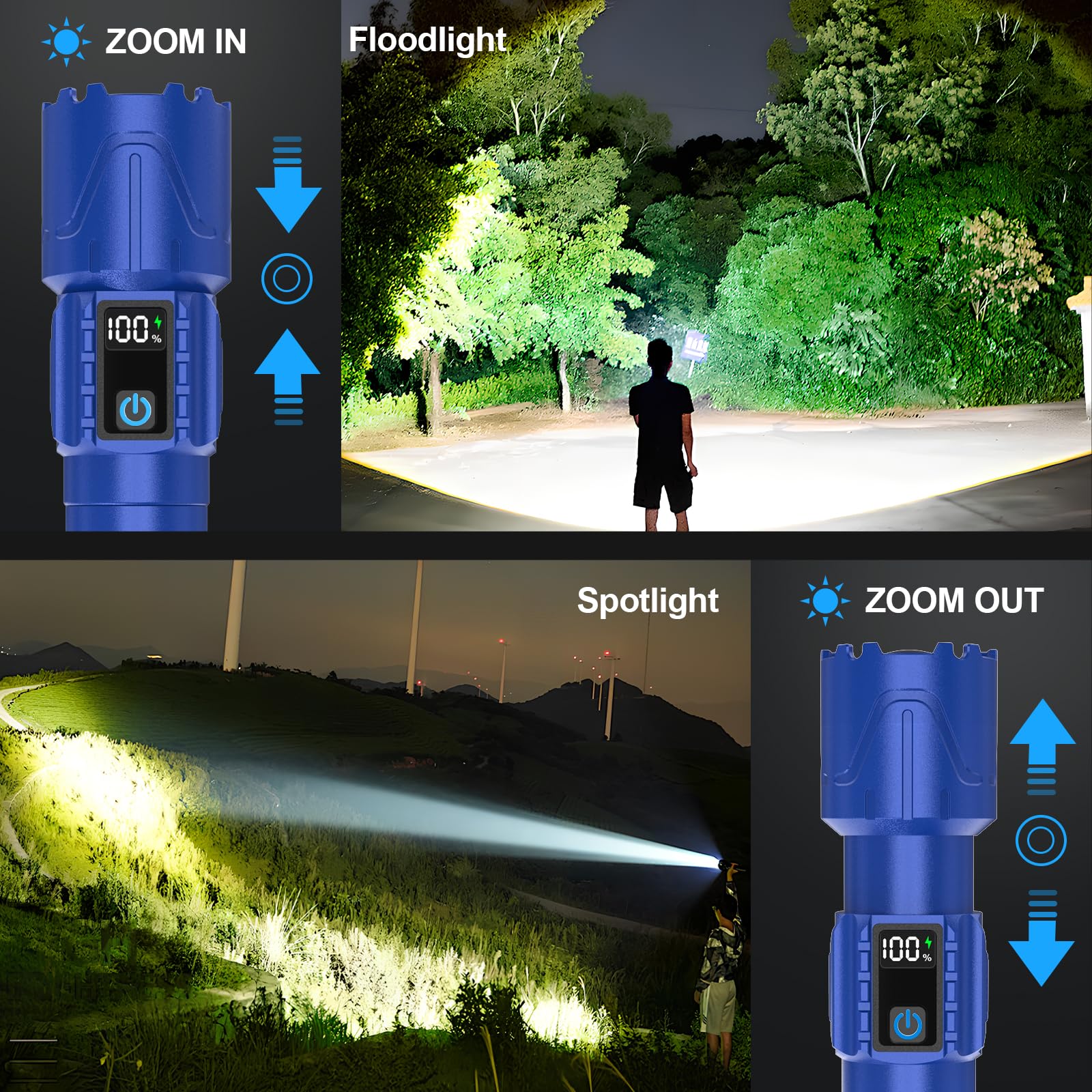 Banral Tactical Flashlight - 5000mAh USB C, Waterproof, 5 Modes, Zoomable, Aluminum, Model K-2401-B, Blue