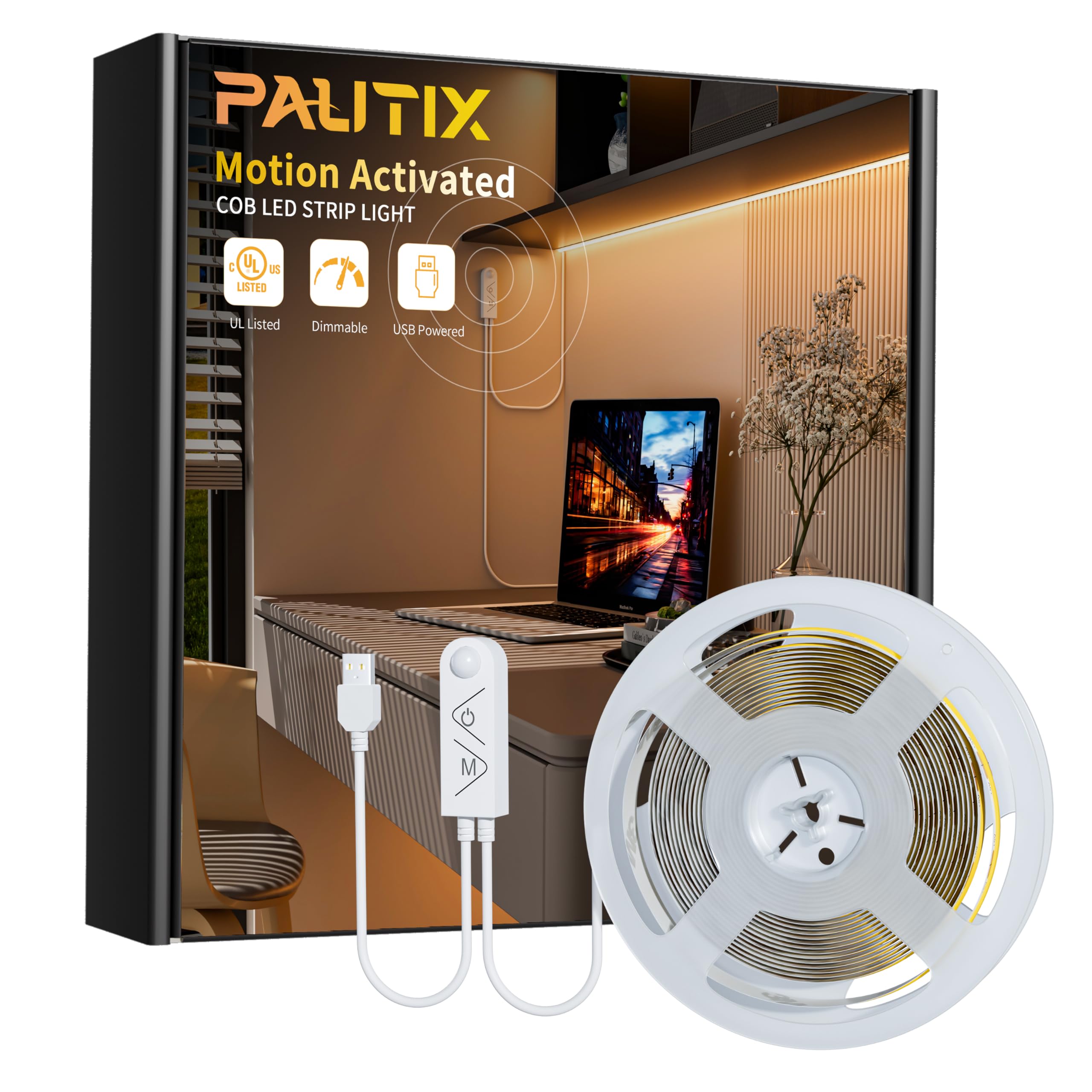 Pautix Cob Led Strip With Motion Sensor 5V Usb Led Tape Light 2700K Warm White Cri90+ Super Bright Dimmable Motion Activated Led Strip Light For Bedroom Cabinets Kitchen Stair Closet Lighting Projects