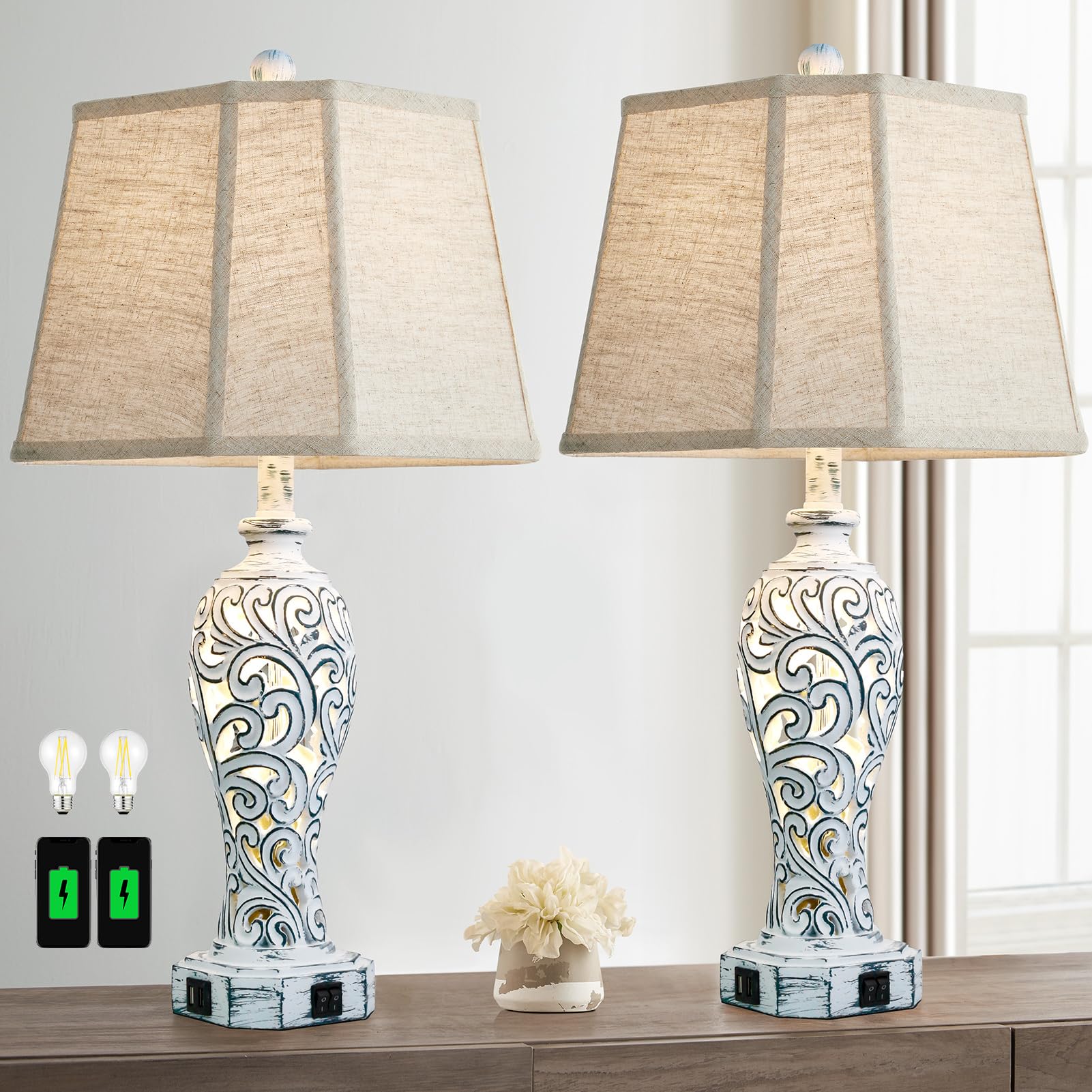 25'' Farmhouse Table Lamps Set of 2 for Living Room Bedroom, 2 USB Ports Rustic Vintage Nightstand Table Lamp with Nightlight, H