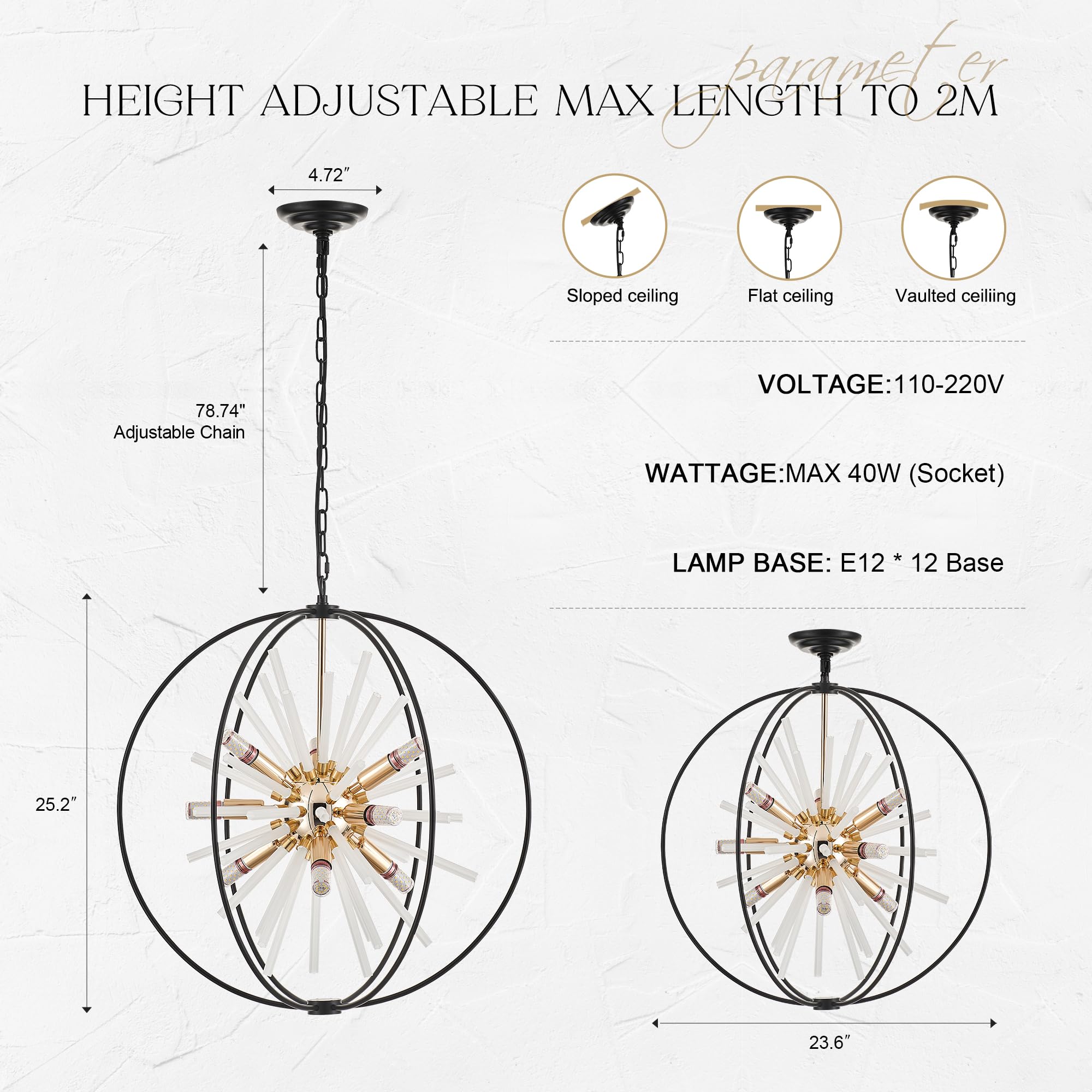 Tacdandm 23.6'' Black Gold 12-Light Globe Sputnik Chandelier Modern Adjustable Hanging Ceiling Glass Tube Pendant Light Fixture