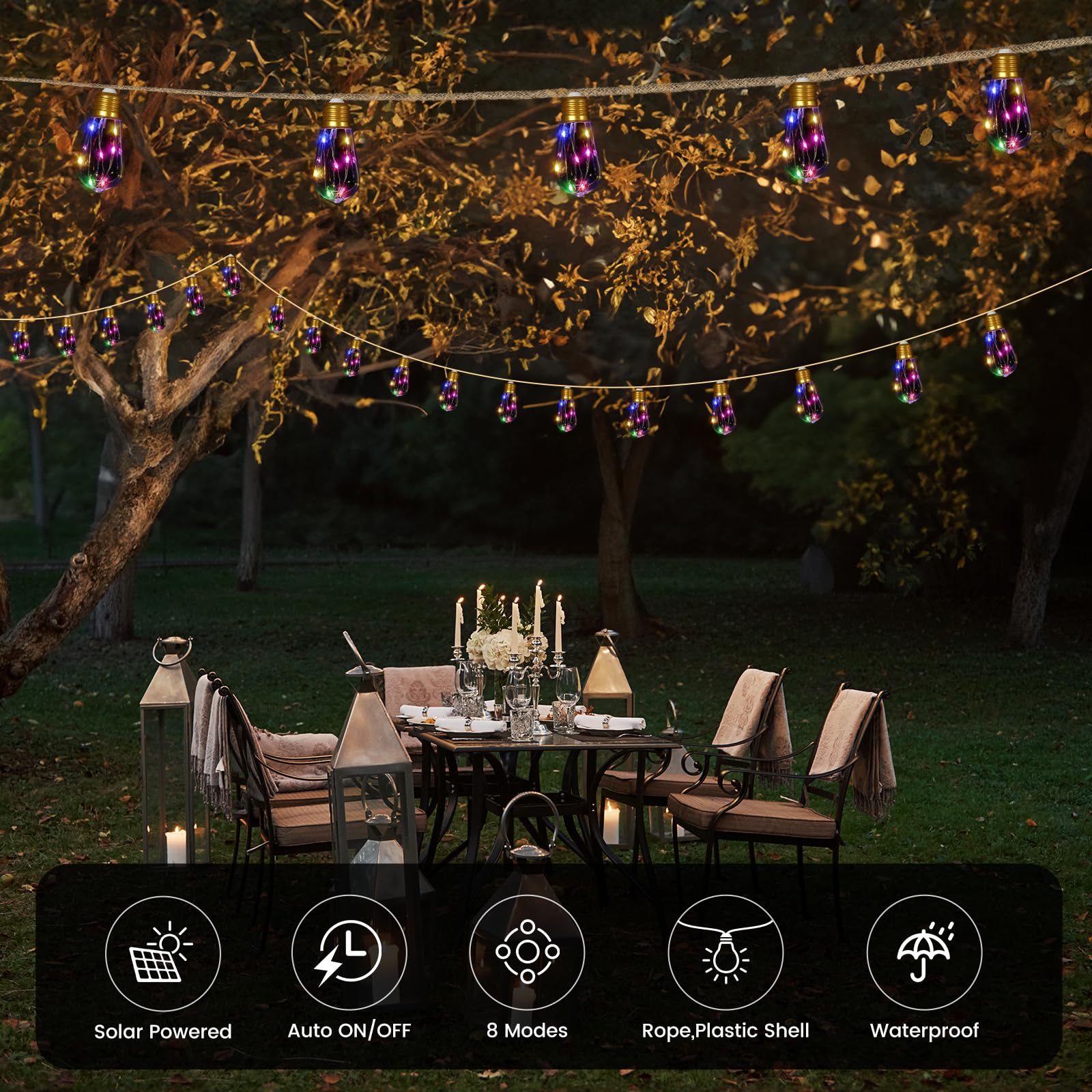 Solar Outdoor String Lights 24Ft Vintage Rope Hemp Solar Lights With 20 Shatterproof Bulbs,8 Modes Solar Powered String Lights With Memory Function, Waterproof For Garden,Camping,Café(Multicolor)