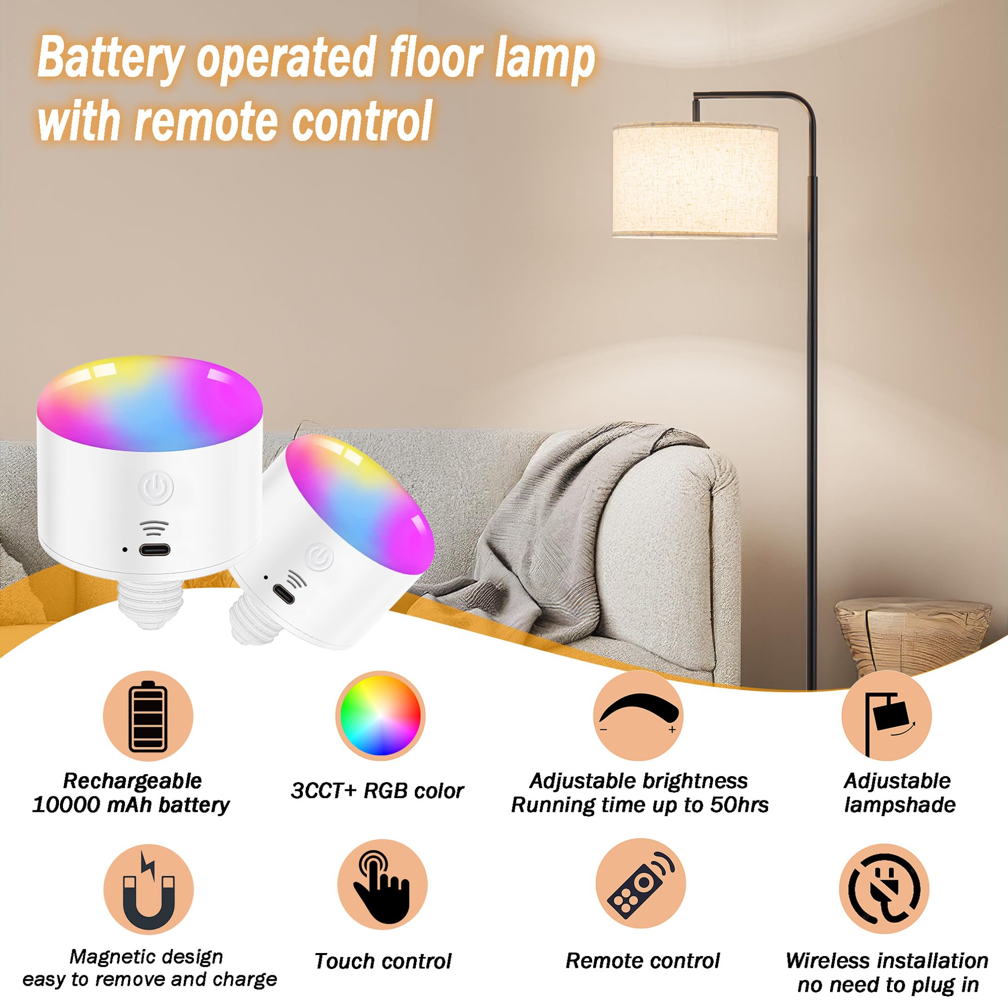Nekhung Battery Operated Floor Lamp with Remote Control,Dimmable Cordless Floor Lamp for Living Room,Portable Arc Standing Lamp