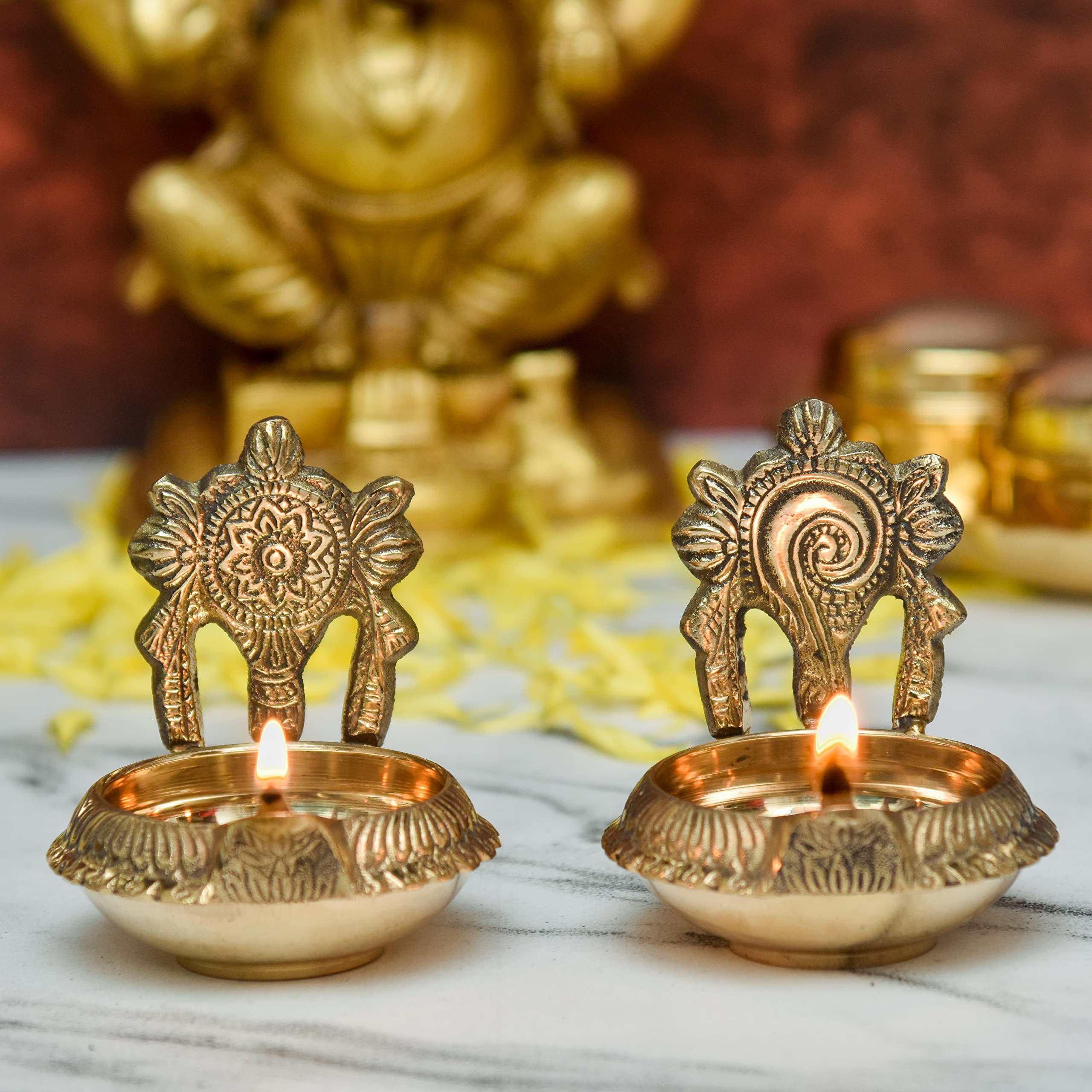 Bhimonee Decor Pure Brass Shanku Chakra kuber Diya, 3 inches, brass colour, Pack of 1 Pair