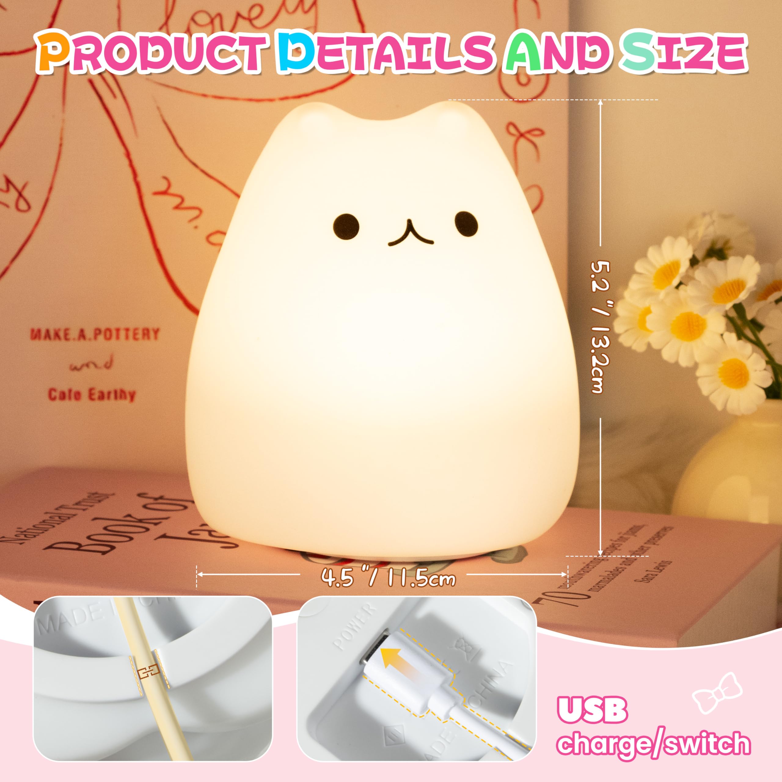 Loatme Night Light For Kids  Cute Cat Squishy Silicone Lamp With 2 Levels Of Brightness  Kawaii Touch Nightlight For Room Decor  Perfect Gifts For Baby  Girl  Boy  Toddler  Nursery