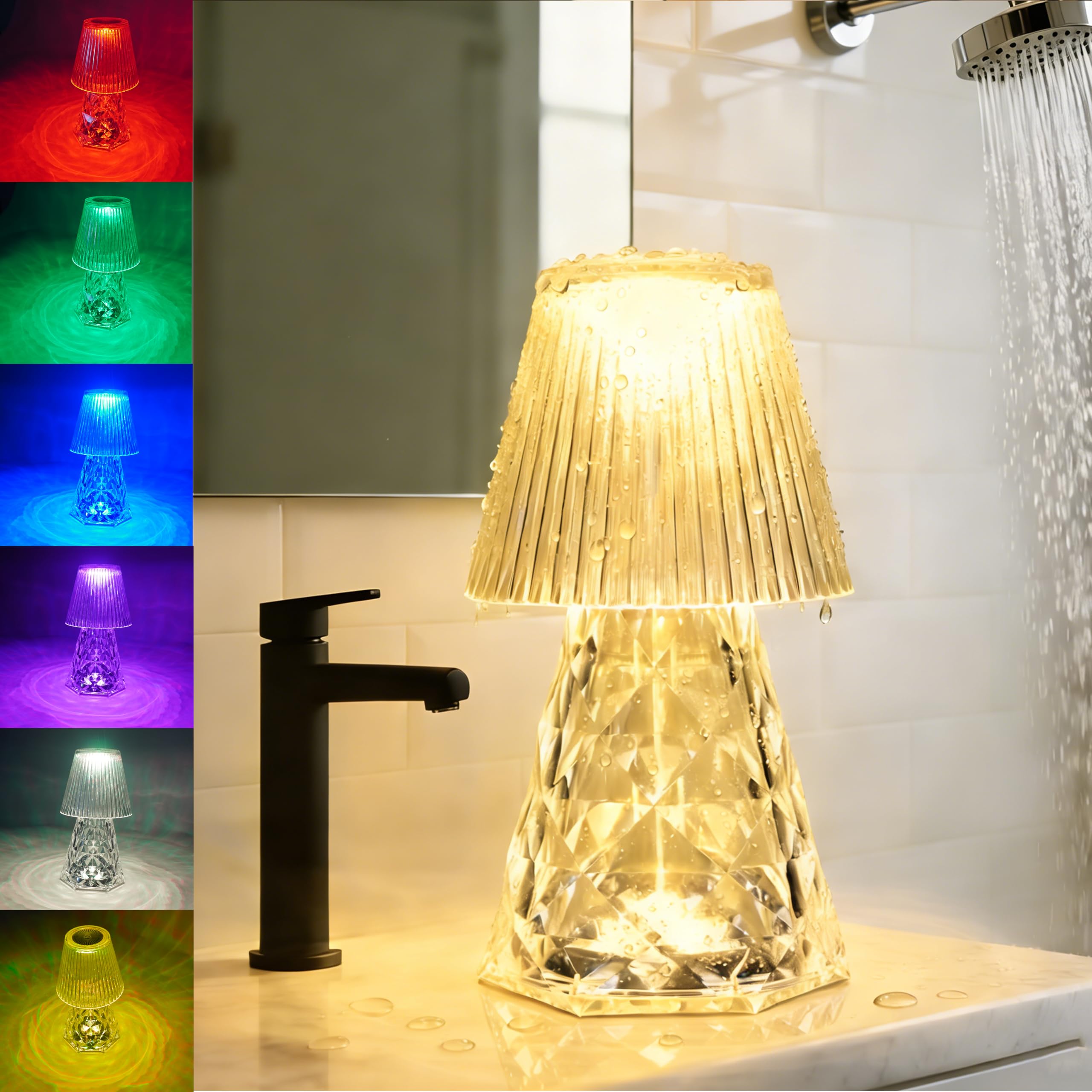 LOZNDA Waterproof Shower Lamp  Rechargeable Bathroom Lamp with RGB  Cordless Crystal Table Lamp  Dimmable Crystal Bedside Night Light for Bathroom Bedroom