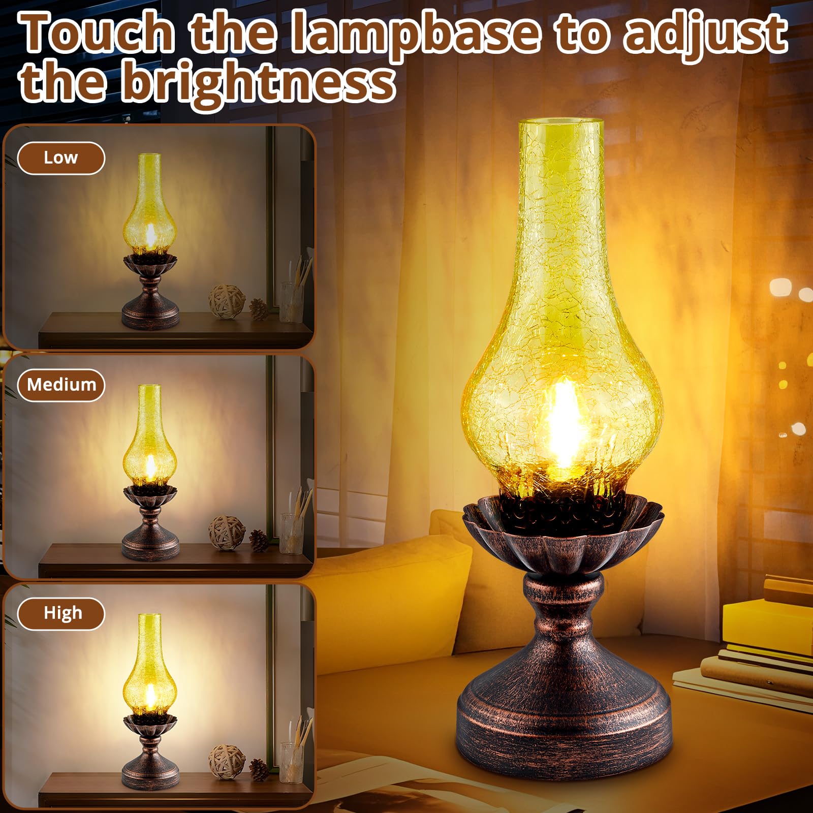LEDIKON Touch Control Vintage Table Lamp | 3-Way Dimmable Rustic Retro Farmhouse Lamp with Amber Glass Shade and LED Bulb for Be