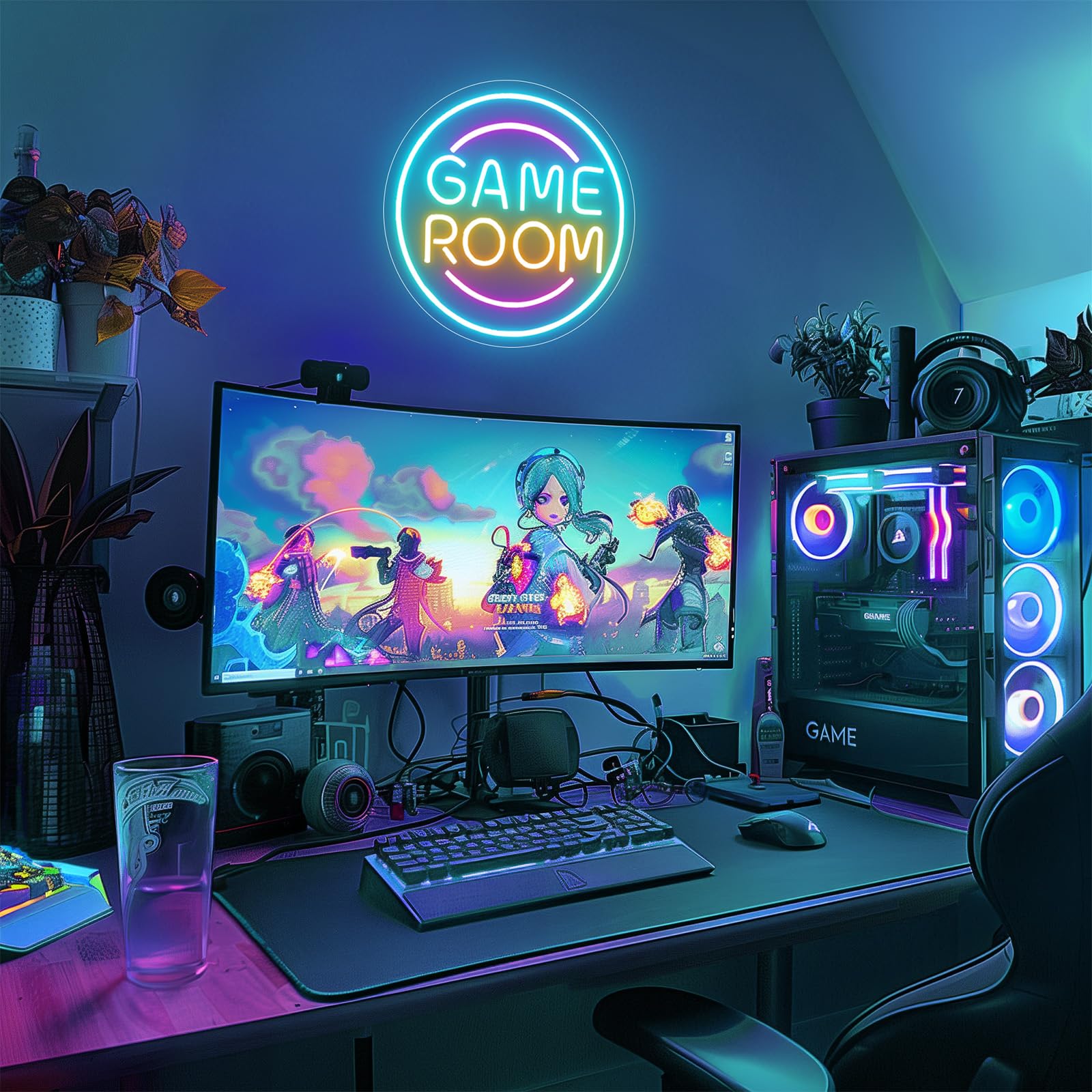 Basaneon Gamer Neon Sign, Dimmable LED Wall Decor, 13.3inx13.3in, Acrylic, D-Game Room, Model ZF-Game Room, Perfect for Boys Room