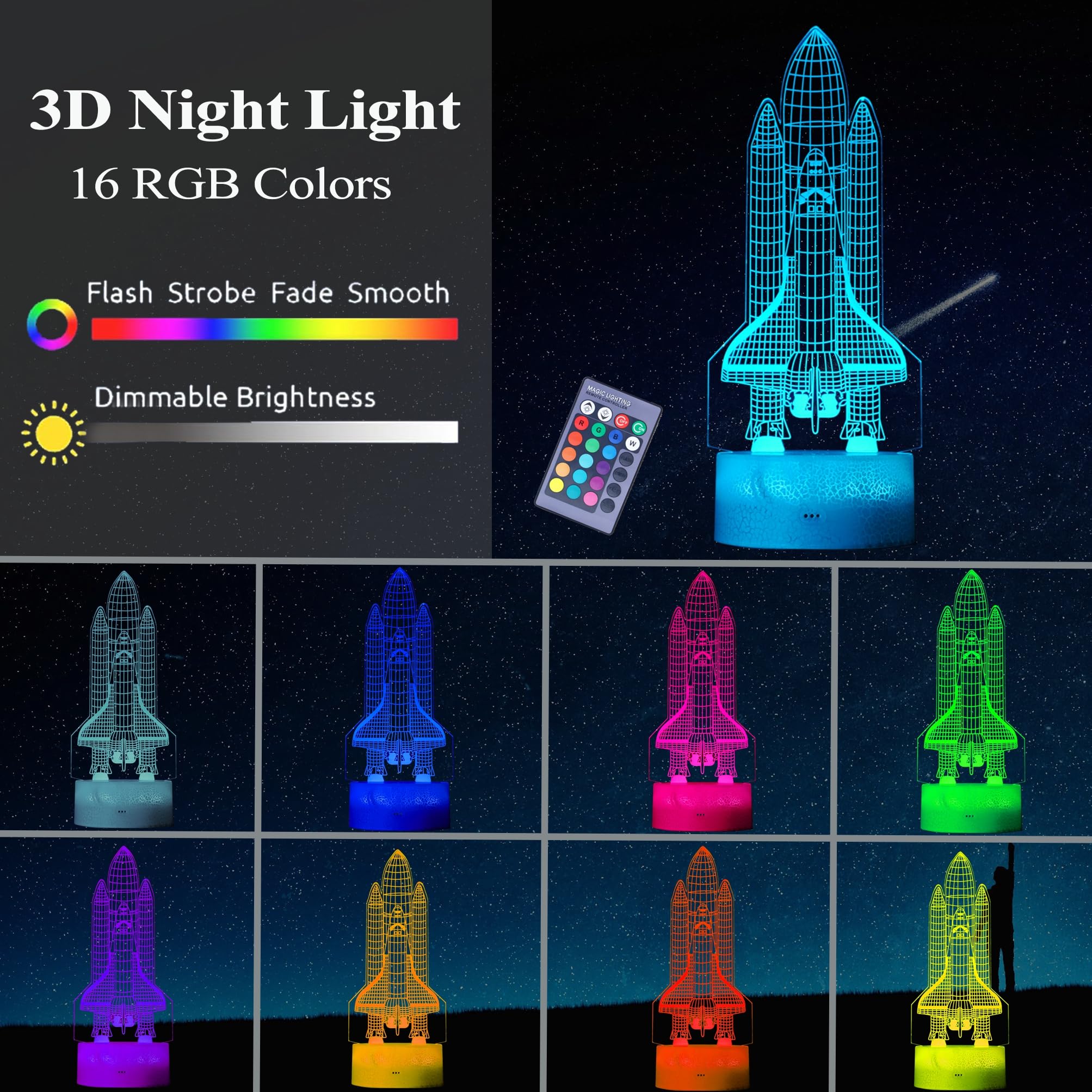 Posshe Space Shuttle Night Light, Space Shuttle Gifts, Rocket 3D Illusion Lamp With 16 Colors Changing, Remote Control And Dimma
