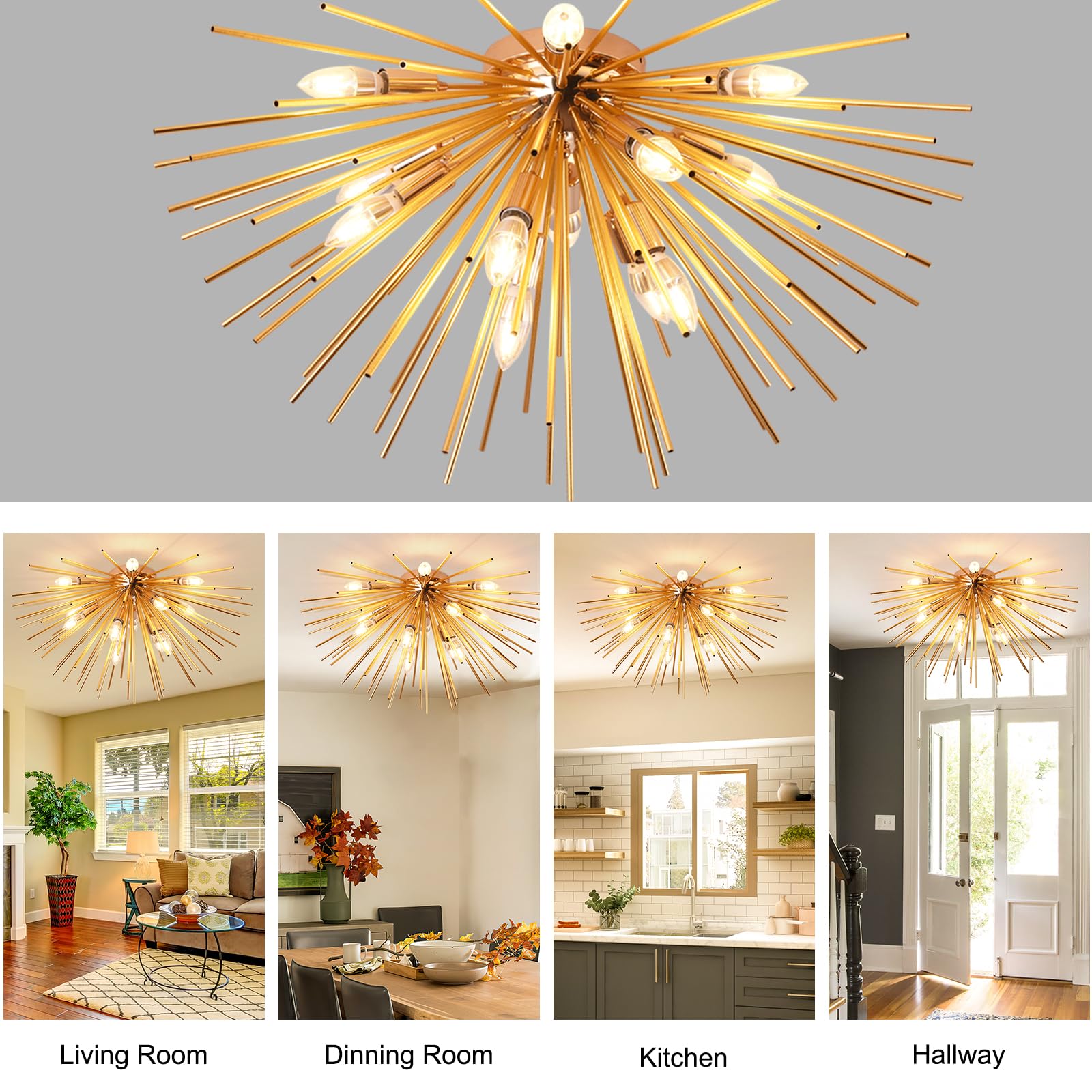Jaycomey Sputnik Ceiling Light Fixtures, Mid-Century 12 Lights Gold Firework Ceiling Light, Modern Semi Flush Mount Ceiling Lamp