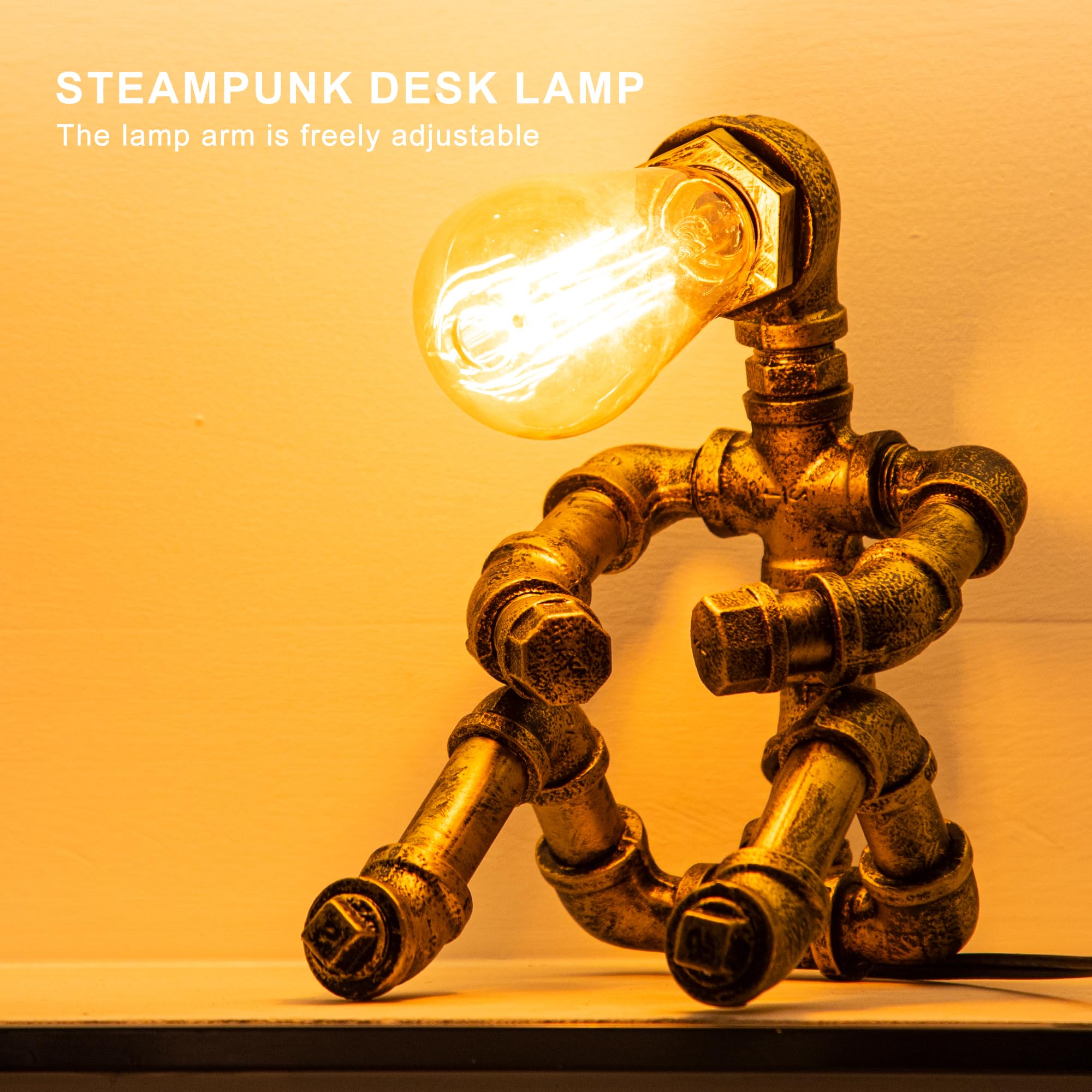 Lcyy.Tg Steampunk Table Lamp, Vintage Industrial Metal Robot Table Lamp, Water Pipe Table Lamp, Robot Style Desktop Light For Be