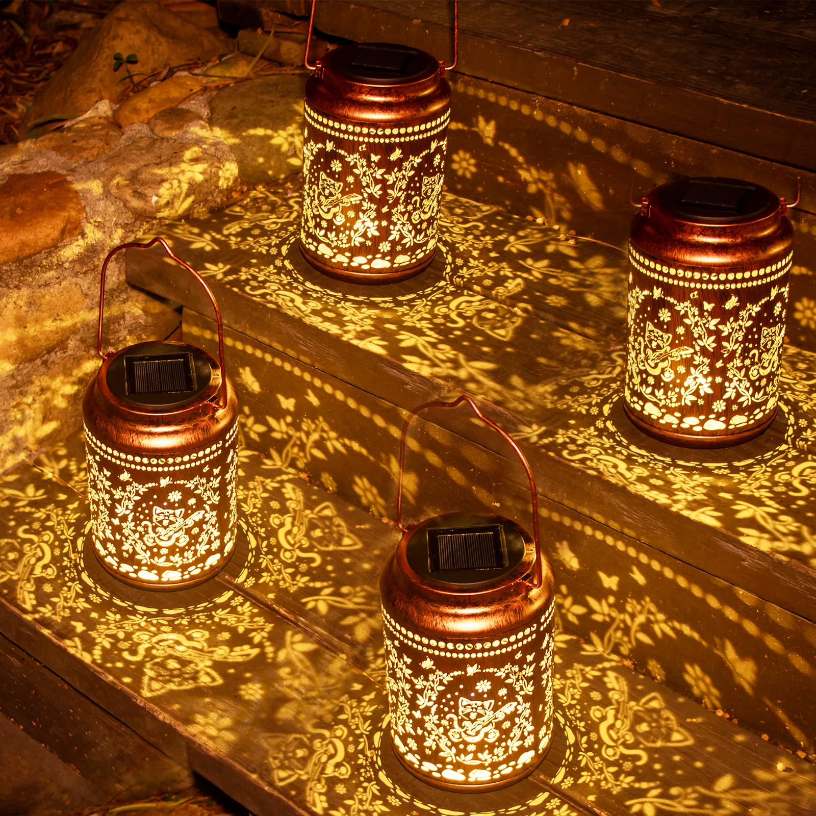 YISITEONE Cat Outdoor Solar Lanterns, Metal Hanging Lights, Waterproof, Brown, 4 Pack, Model ES04250500009