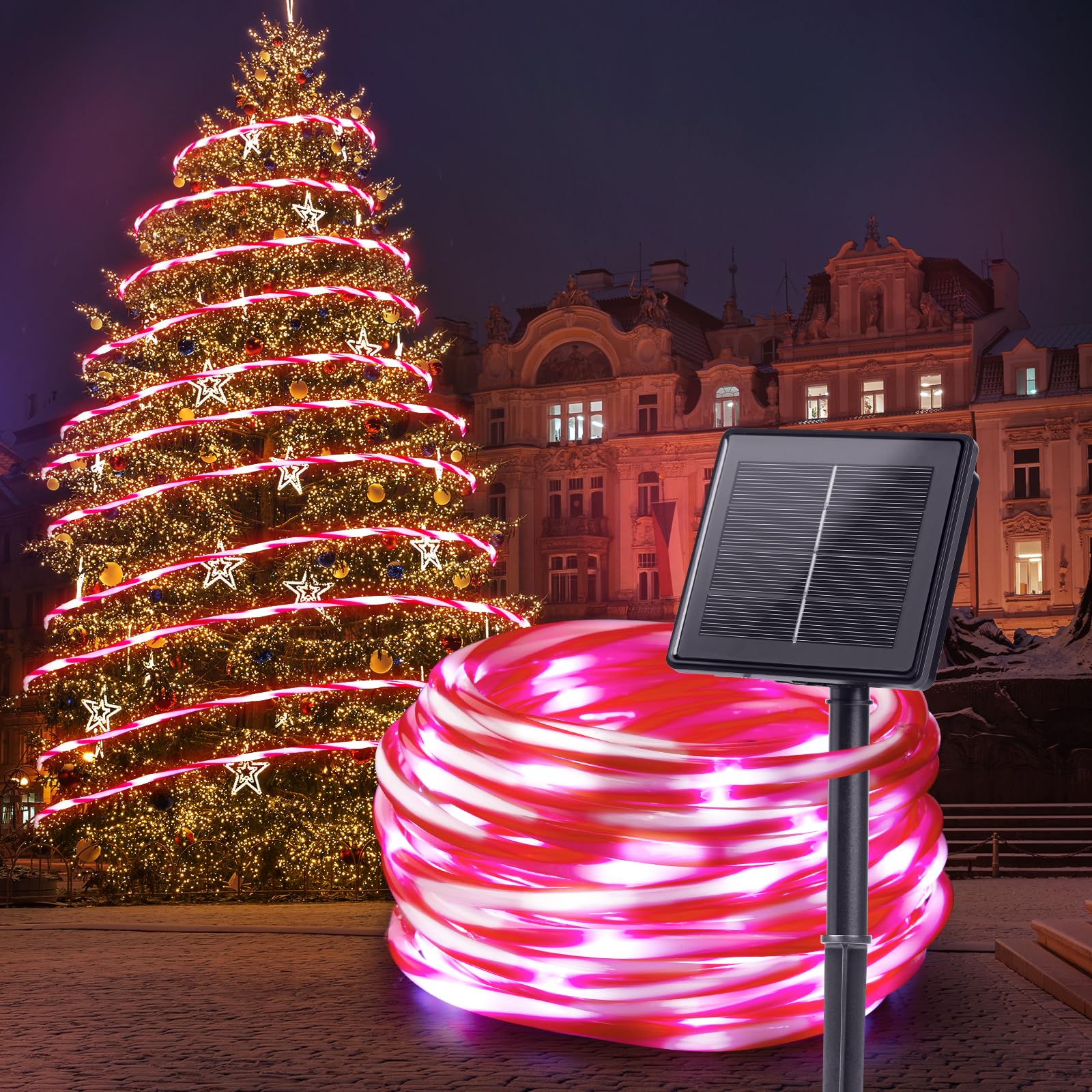 Brightown Outdoor ?Solar Christmas Lights, 39FT 200LEDs Solar Rope Light Waterproof Outdoor Christmas Decorations for Party Garden Yard Home Xmas Halloween Holiday Tree Decoration Light, Candy Color