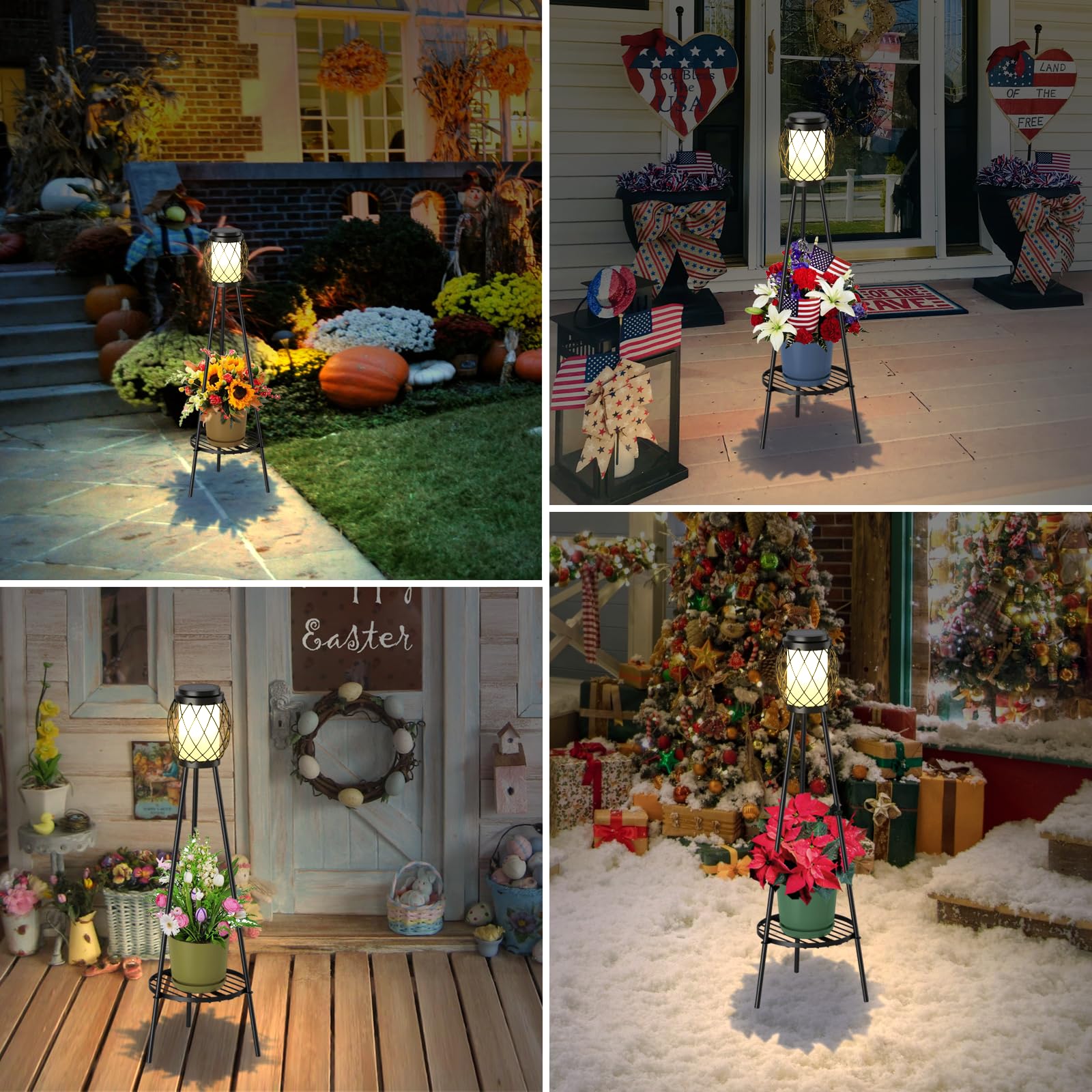 Solar Lights Outdoor With Plant Stands 2 Pack, Solar Floor Lamp Metal Tripod Patio Lights For Garden Yard Pathway Driveway Front