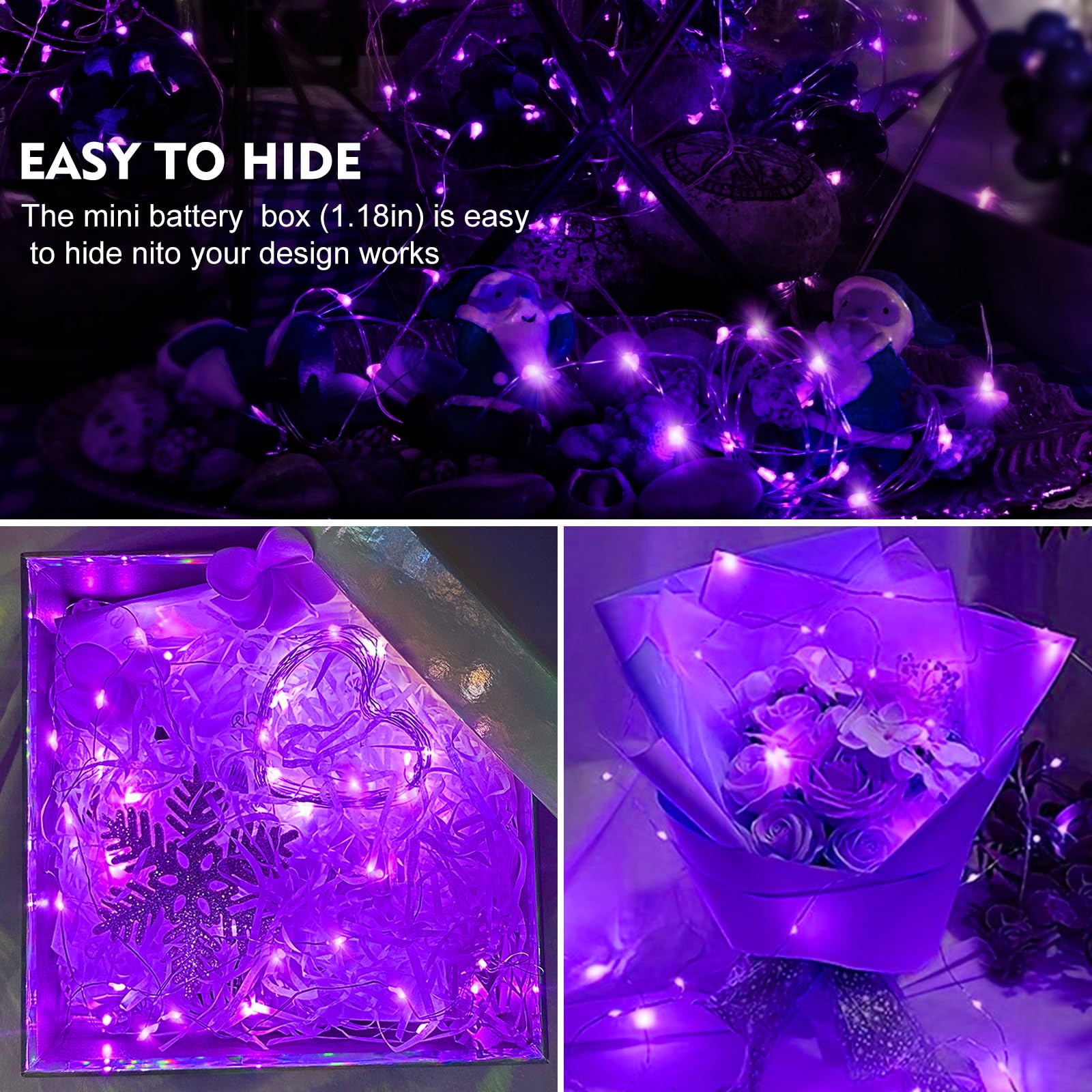 AIKEI LED Fairy Lights, 12 Pack, Battery Operated, Waterproof, 7ft, 20 LEDs, Purple, Model A01-Mini, Ideal for Decoration