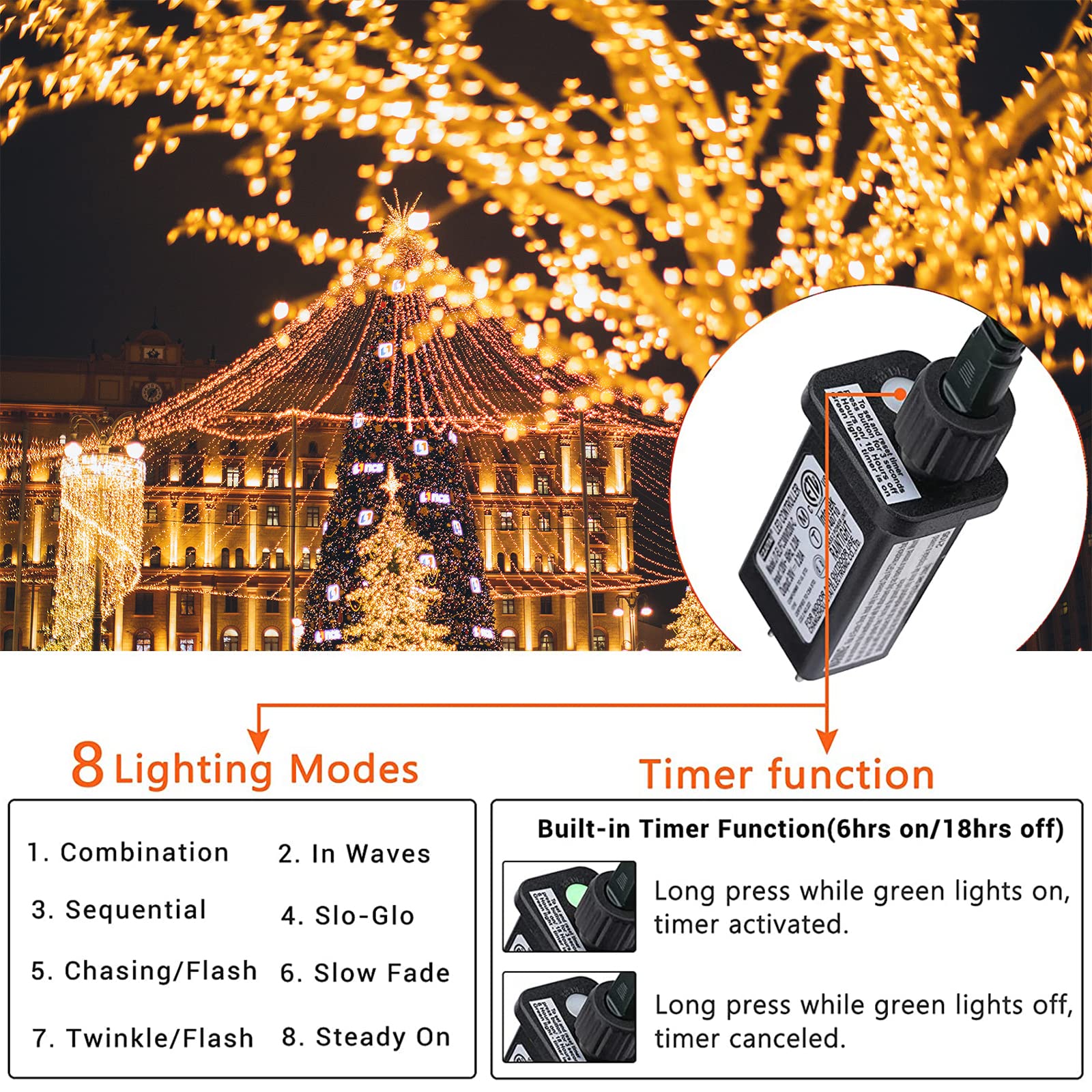 Jnaurb Christmas String Lights, 200 LED, 75 Ft, Warm White, 8 Modes, Waterproof, Model LED0823200