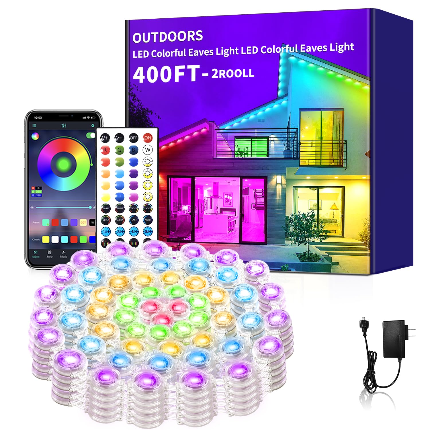 Yocrostar Permanent Outdoor Lights 400ft RGB Eaves Light IP67 Waterproof Year Round Outdoor Lights Decorative House Light for Party Daily Rooftop Garden Patio(2 Rolls 200ft)